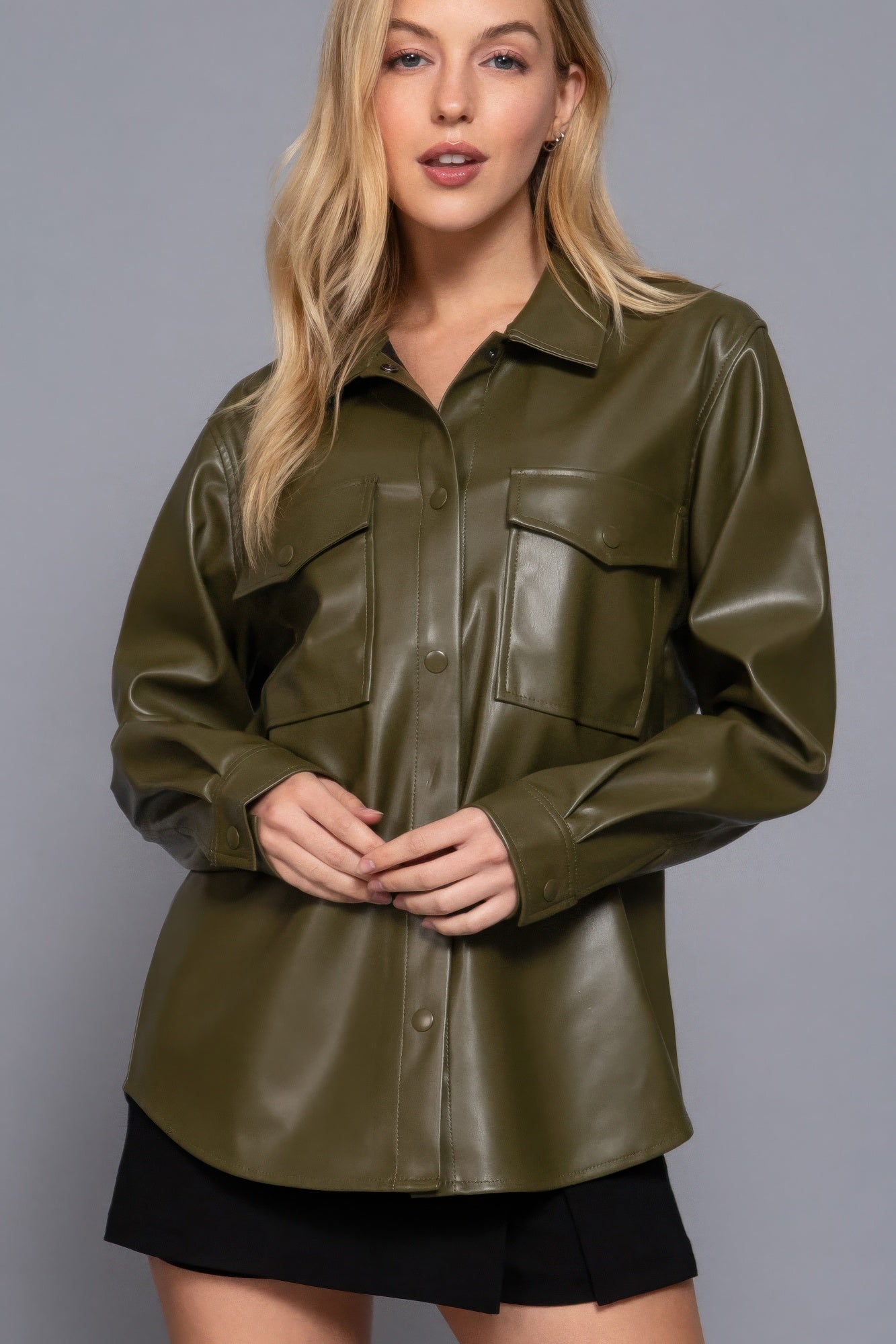 Anna's Long Sleeve Faux Leather Shacket-TOPS / DRESSES-[Adult]-[Female]-Olive-S-2022 Online Blue Zone Planet