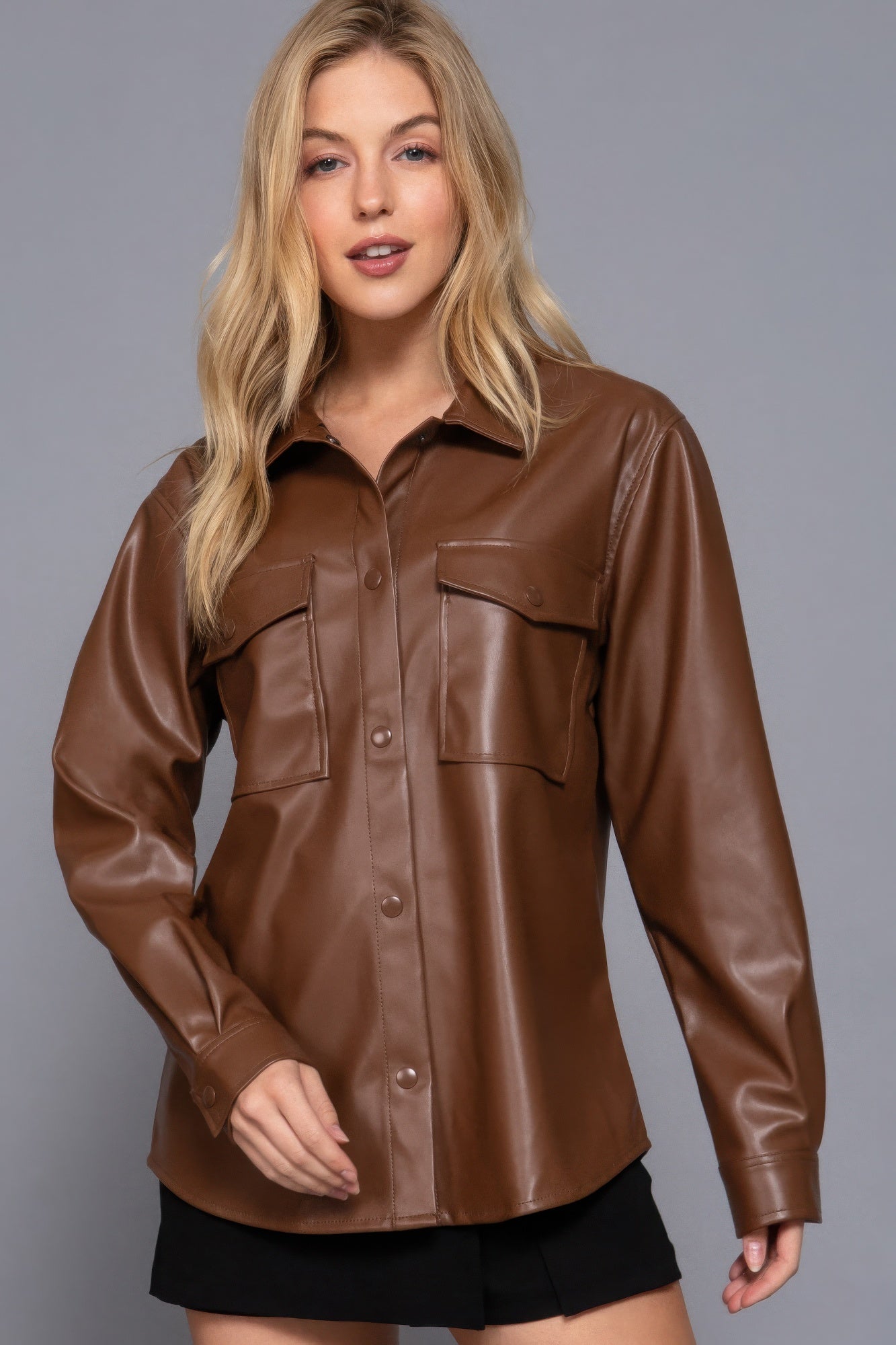 Anna's Long Sleeve Faux Leather Shacket-TOPS / DRESSES-[Adult]-[Female]-2022 Online Blue Zone Planet