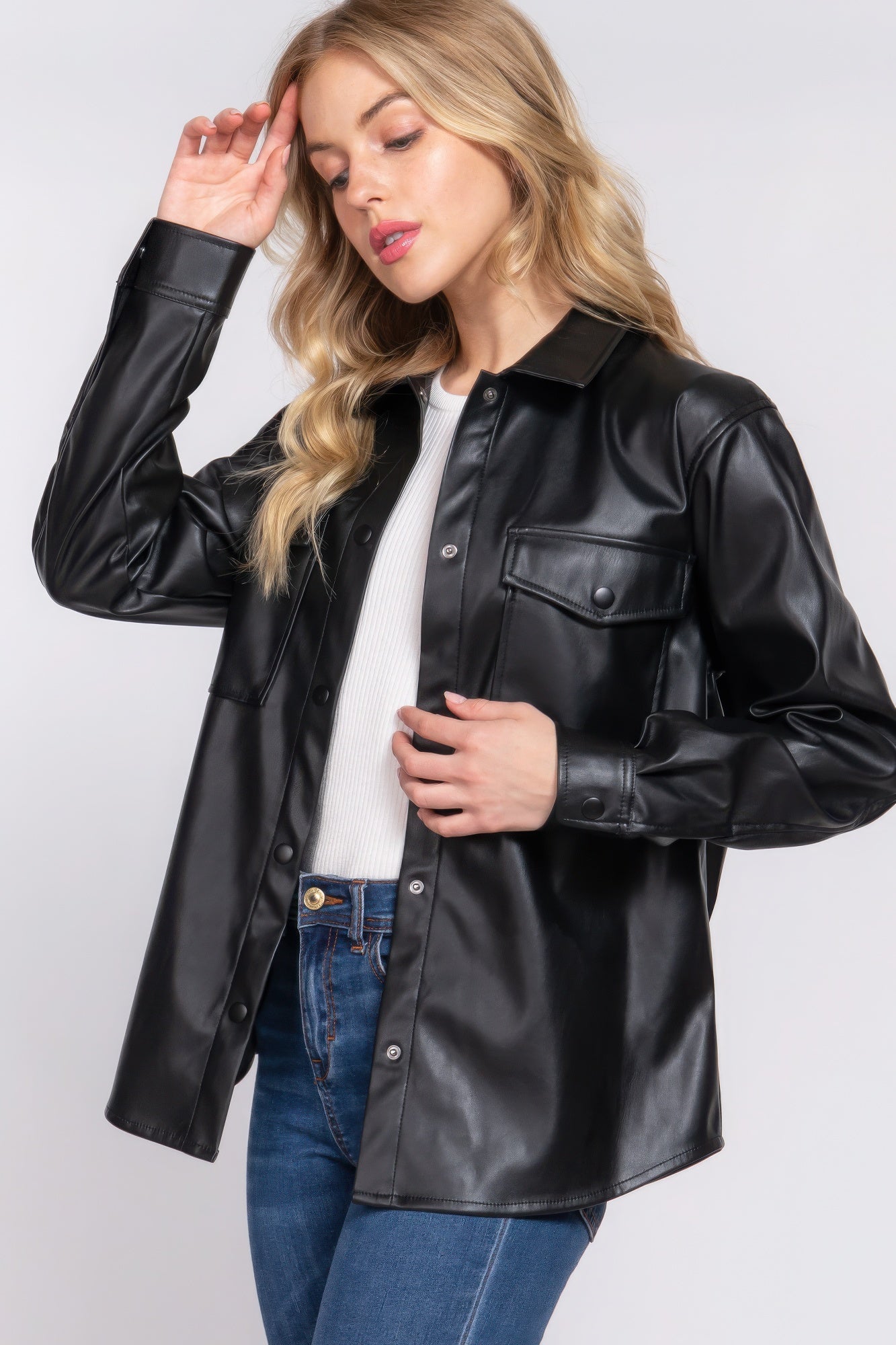 Anna's Long Sleeve Faux Leather Shacket-TOPS / DRESSES-[Adult]-[Female]-Black-S-2022 Online Blue Zone Planet