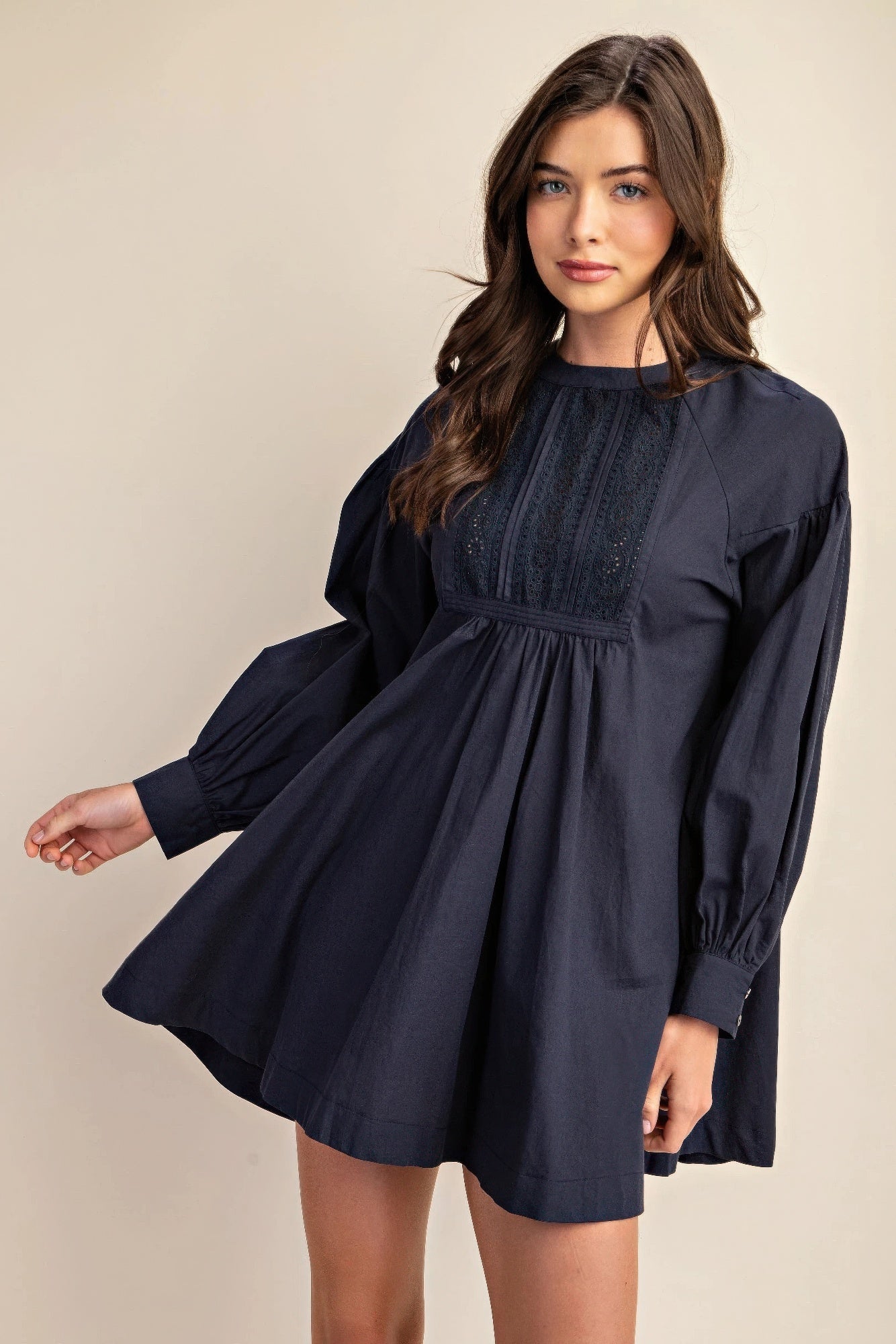 Zone Planet | Tina's Long Sleeve Mini Dress with Lace Detail
