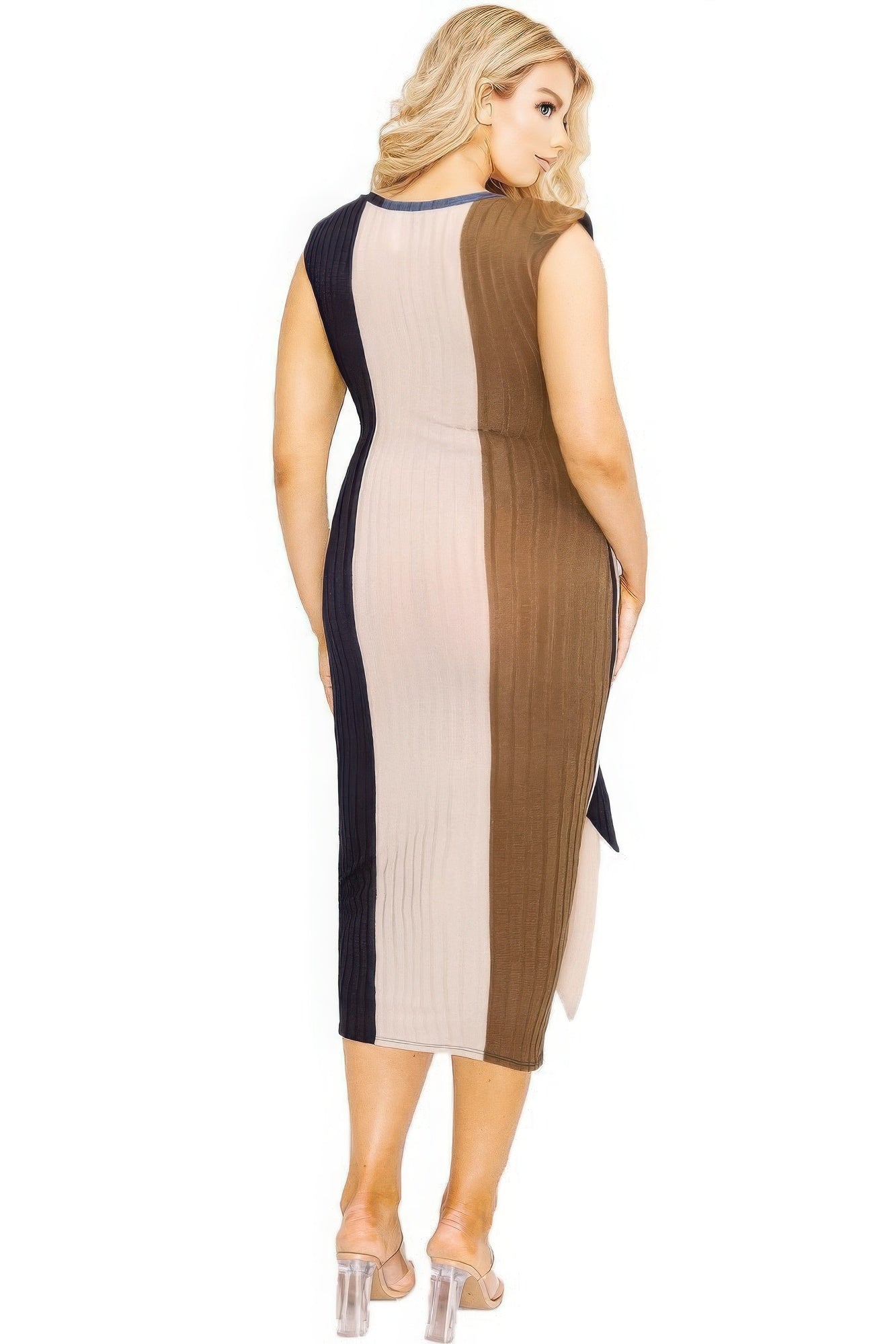 Plus knitted sleeveless colorblock waist tie dress-[Adult]-[Female]-2022 Online Blue Zone Planet