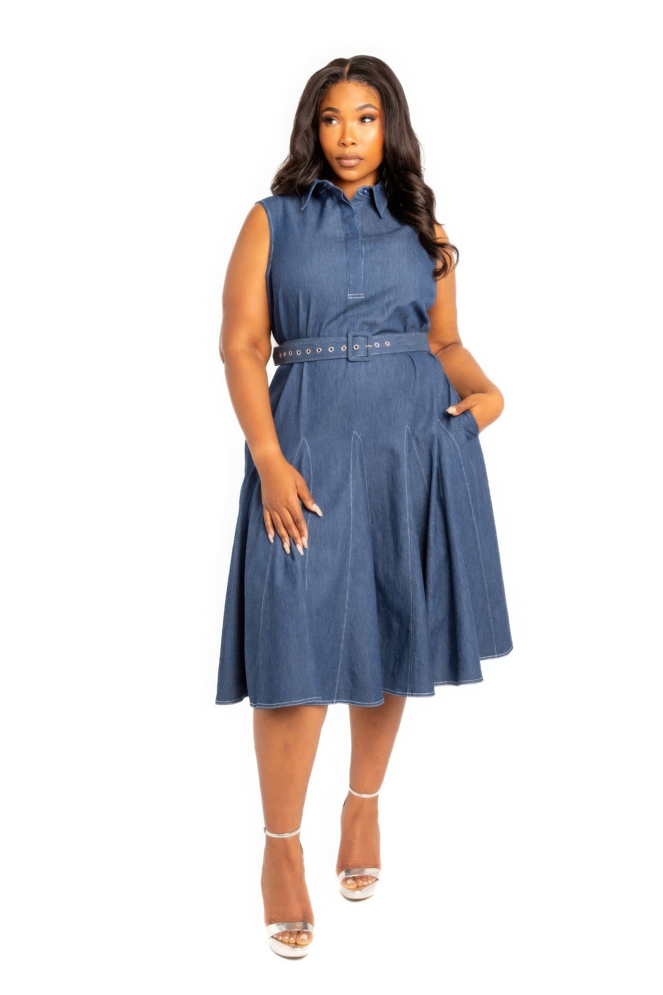 Contrast stitch washed denim shirt dress with belt-[Adult]-[Female]-2022 Online Blue Zone Planet