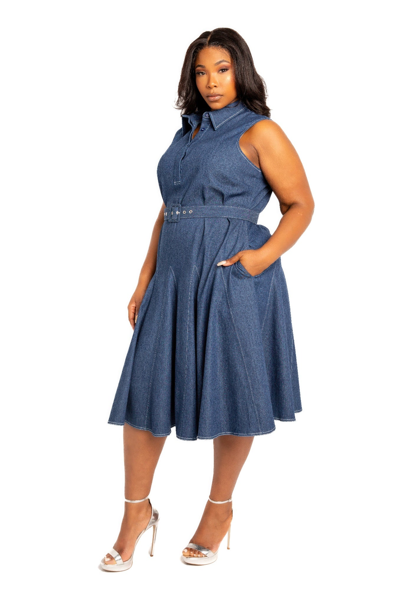 Contrast stitch washed denim shirt dress with belt-[Adult]-[Female]-1XL-Washed Denim-2022 Online Blue Zone Planet