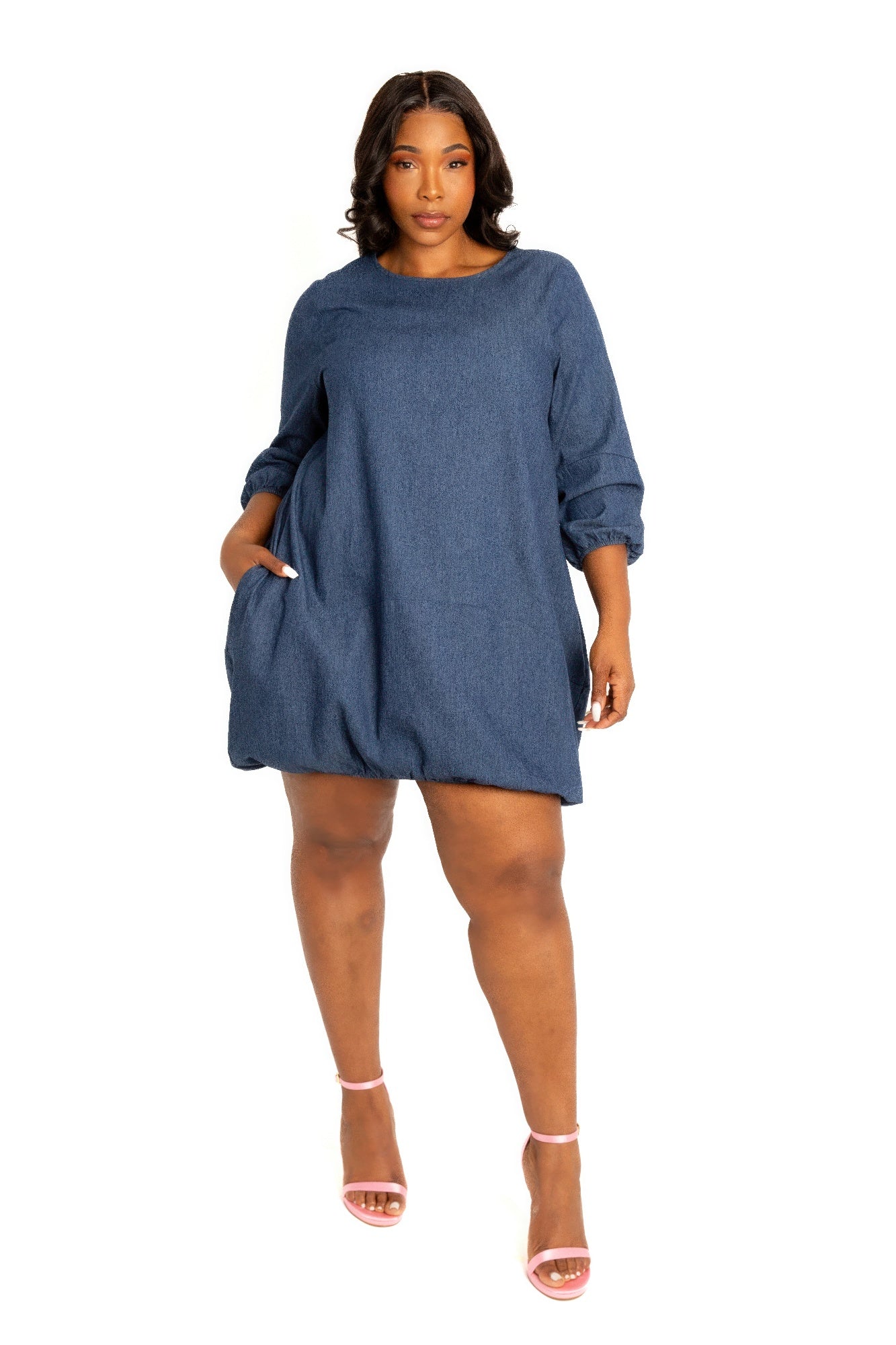 Washed denim bubbled dress-[Adult]-[Female]-2022 Online Blue Zone Planet