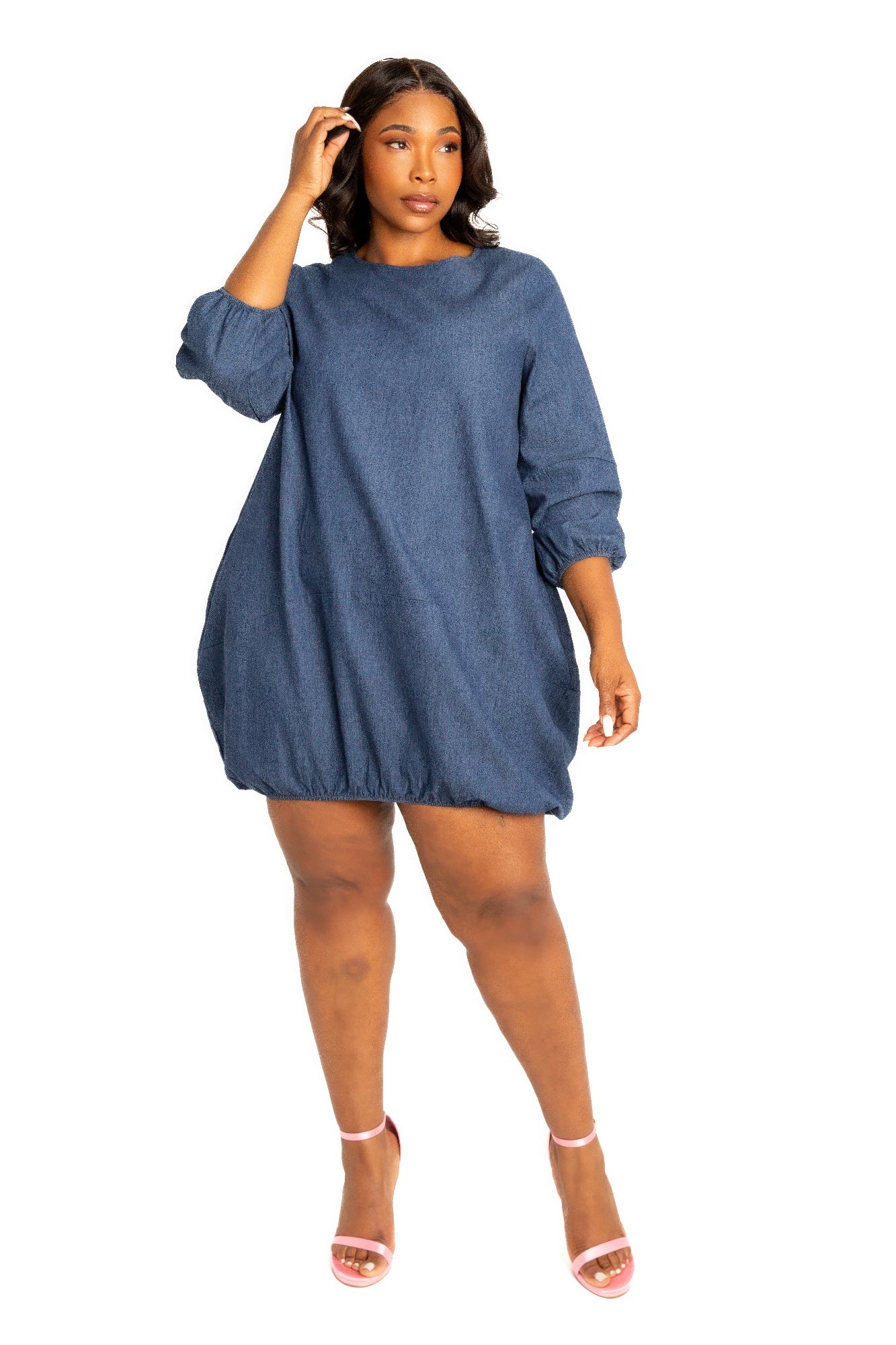 Washed denim bubbled dress-[Adult]-[Female]-1XL-Washed Denim-2022 Online Blue Zone Planet