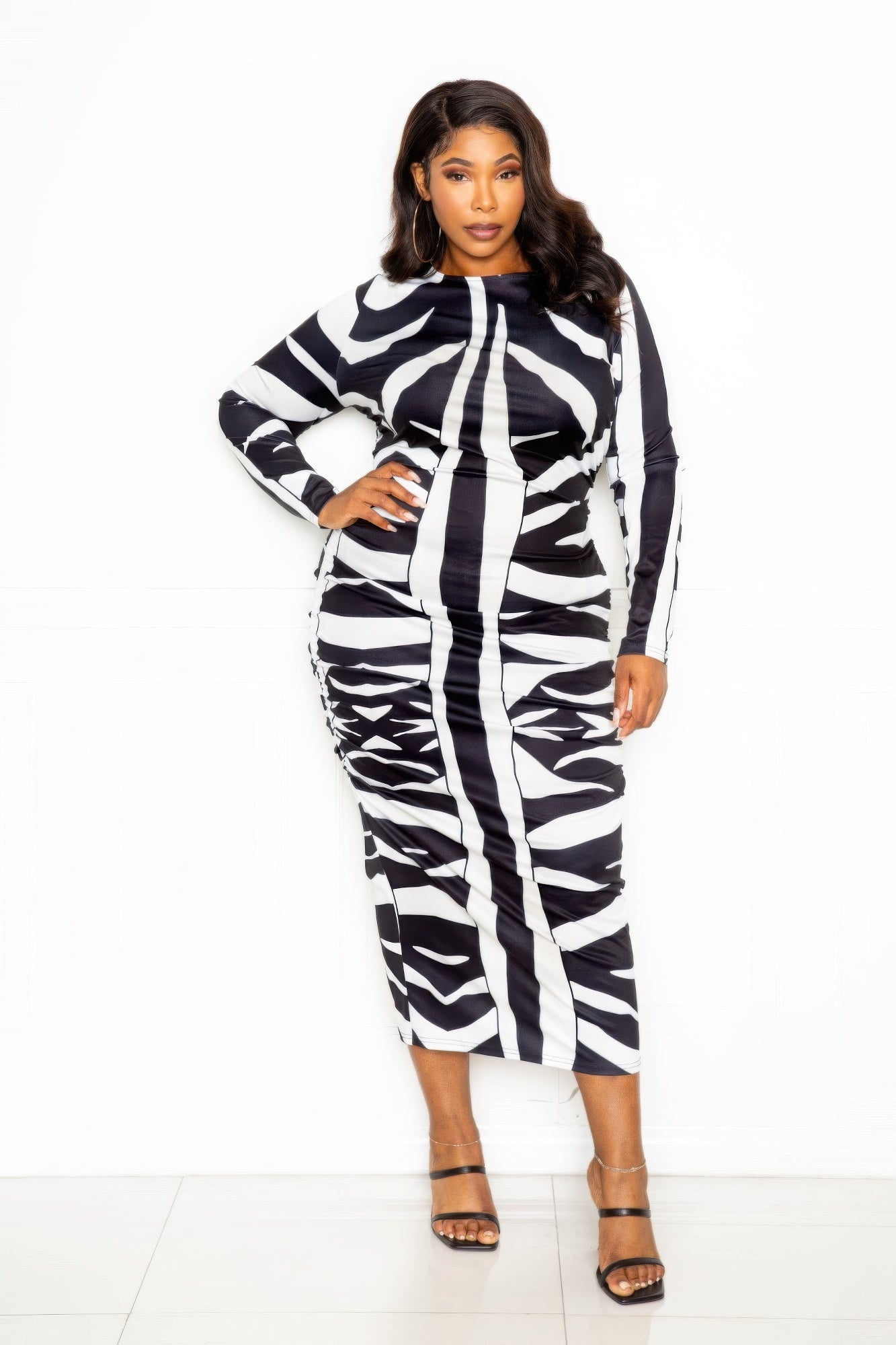 Animal print ruched bodycon dress-[Adult]-[Female]-1XL-Black & White-2022 Online Blue Zone Planet