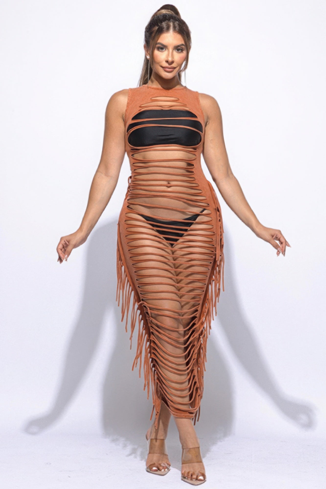 Fringe Cut Out Maxi Dress-[Adult]-[Female]-Camel-S-2022 Online Blue Zone Planet