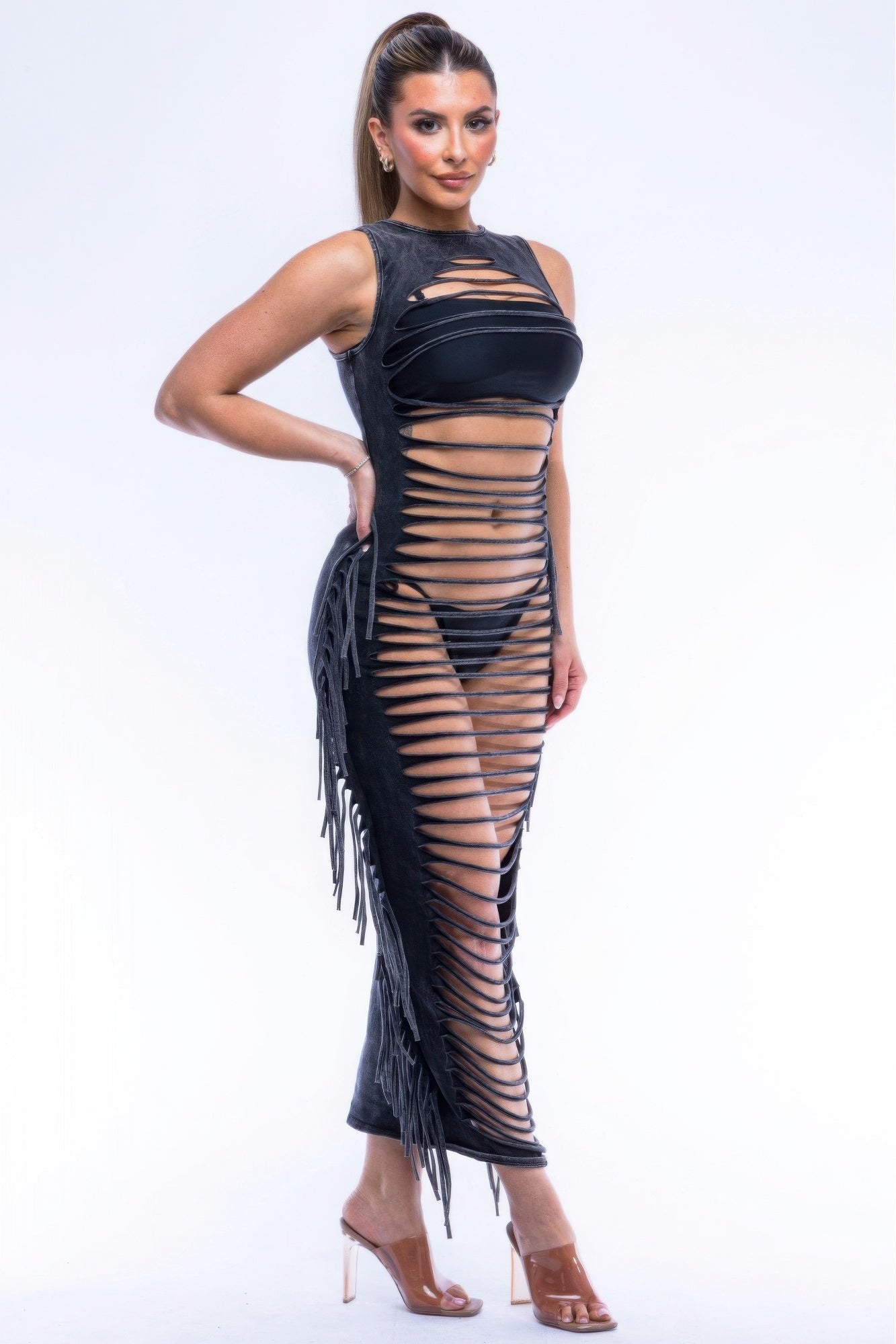 Fringe Cut Out Maxi Dress - Blue Zone Planet Black / S by Blue Zone Planet Fringe Cut Out Maxi Dress - Blue Zone Planet Black / S by Blue Zone Planet