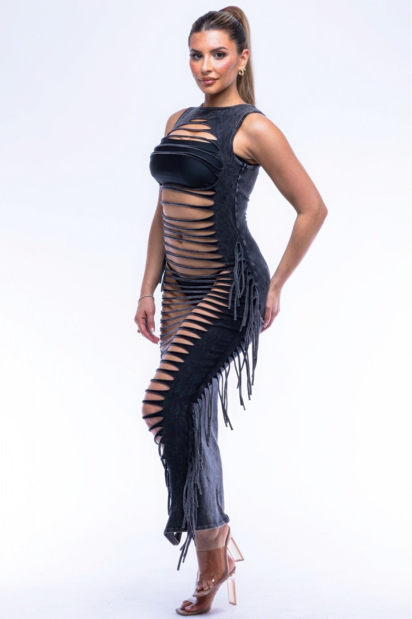 Fringe Cut Out Maxi Dress-[Adult]-[Female]-2022 Online Blue Zone Planet