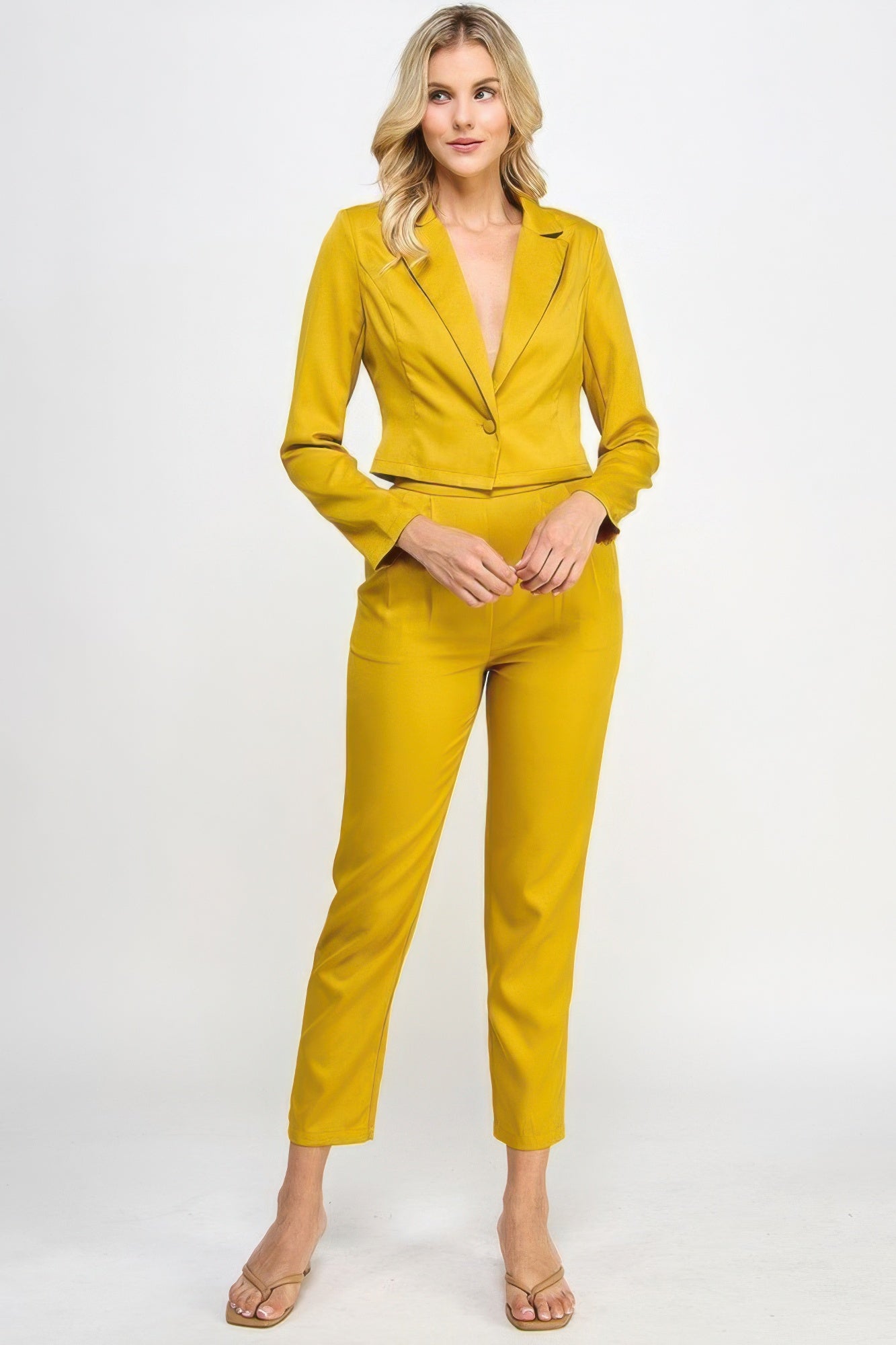 Emma's Single Button Crop Blazer With Tailored Pants Set-[Adult]-[Female]-Citron-S-2022 Online Blue Zone Planet