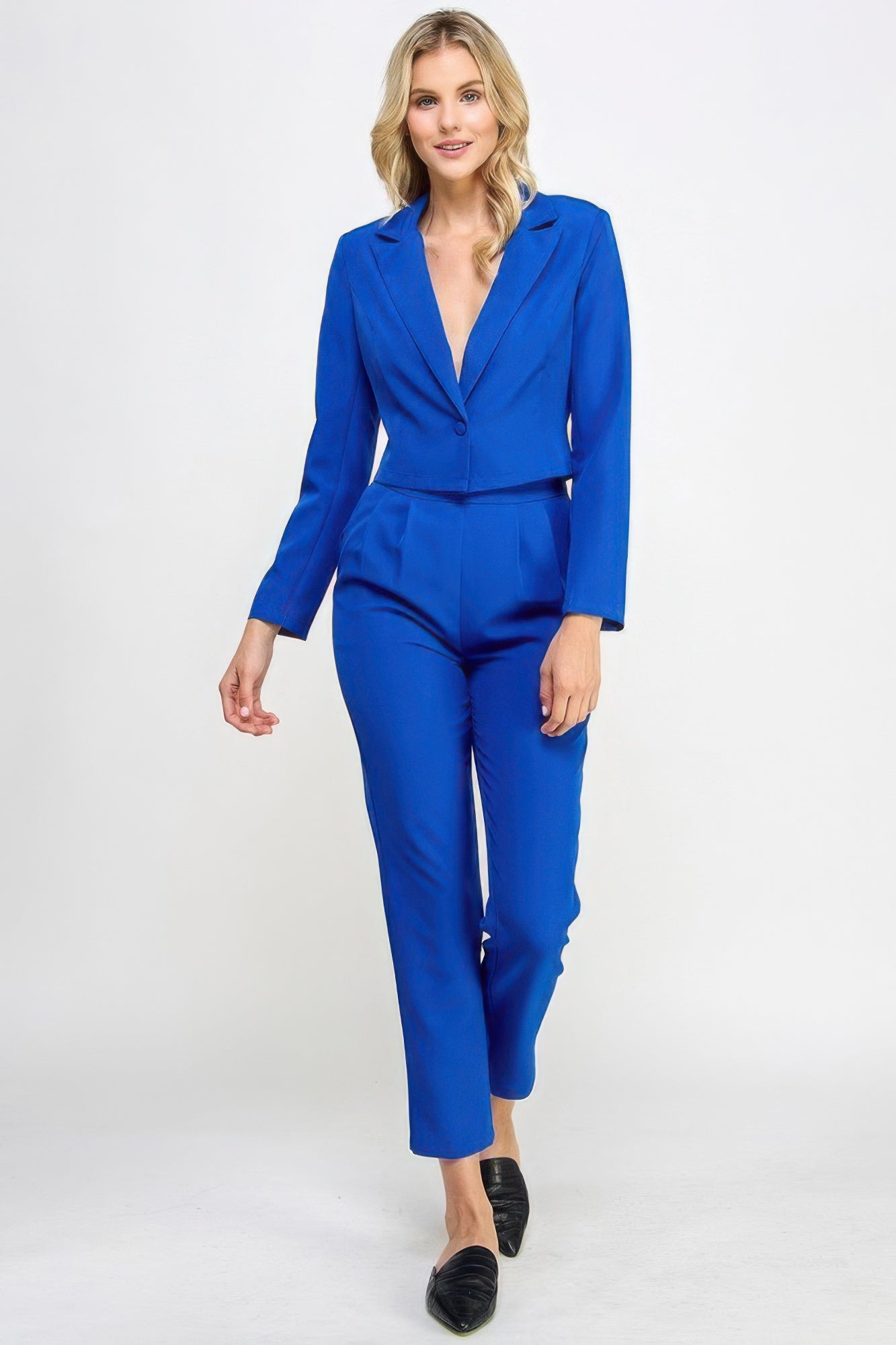 Emma's Single Button Crop Blazer With Tailored Pants Set-[Adult]-[Female]-Royal Blue-S-2022 Online Blue Zone Planet