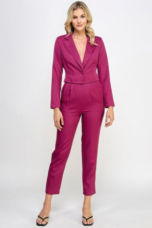 Emma's Single Button Crop Blazer With Tailored Pants Set-[Adult]-[Female]-Berry-S-2022 Online Blue Zone Planet