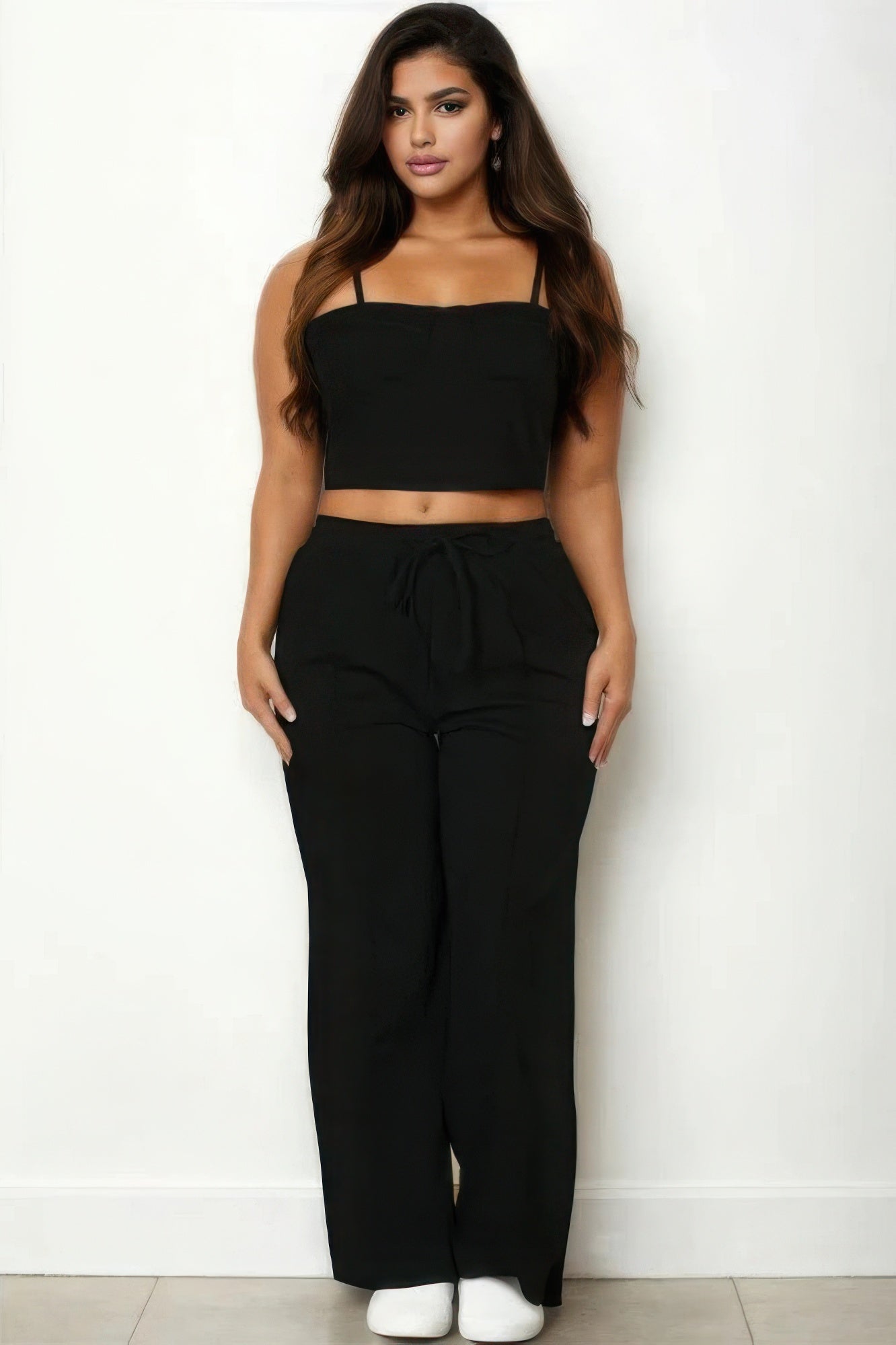 Tina's Plus Bustier Crop Cami Top & Slant Pocket Straight Pants-TOPS / DRESSES-[Adult]-[Female]-Black-1XL-2022 Online Blue Zone Planet