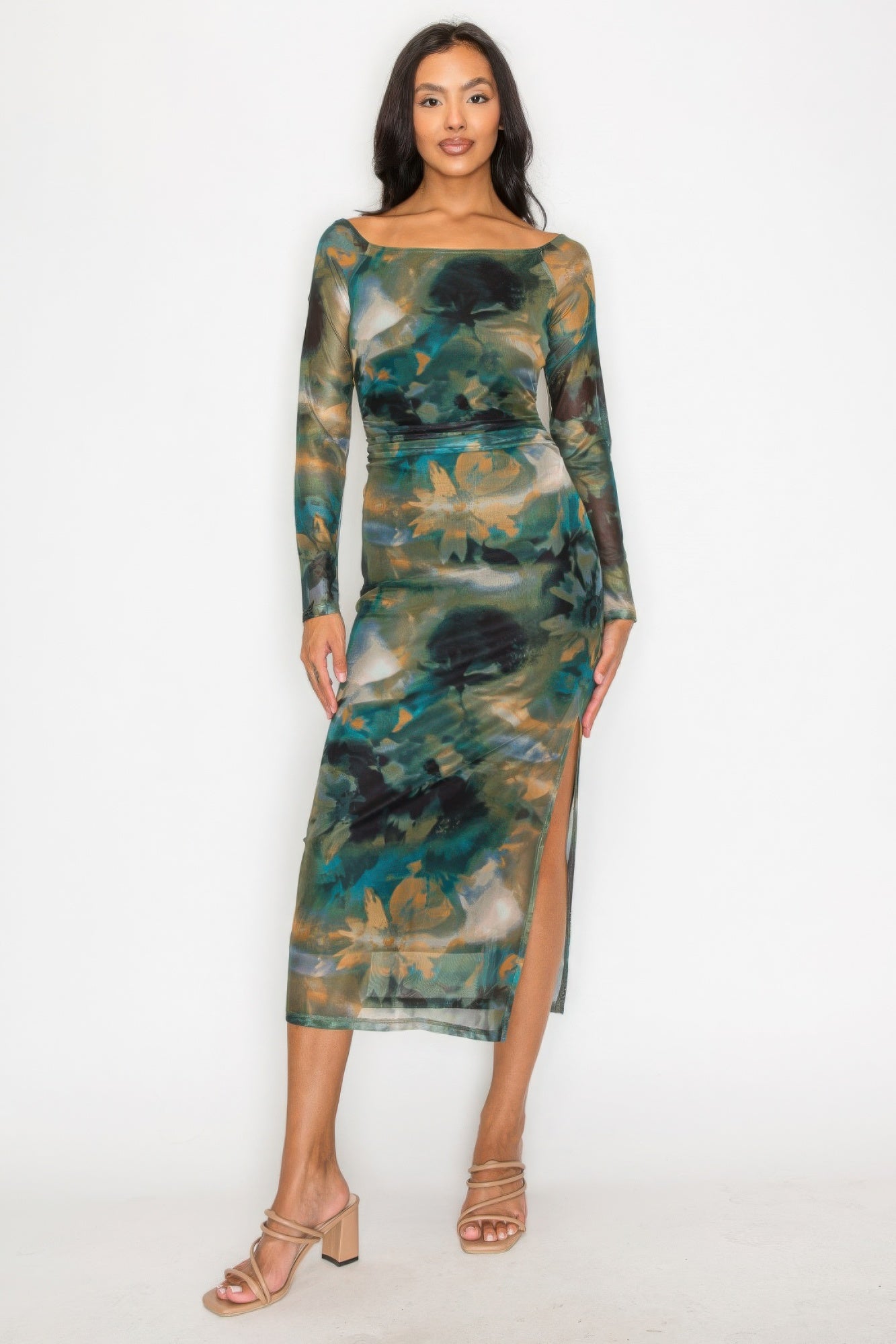 Chloe's Slit Off-shoulder Mesh Printed Dress-[Adult]-[Female]-S-Green-2022 Online Blue Zone Planet