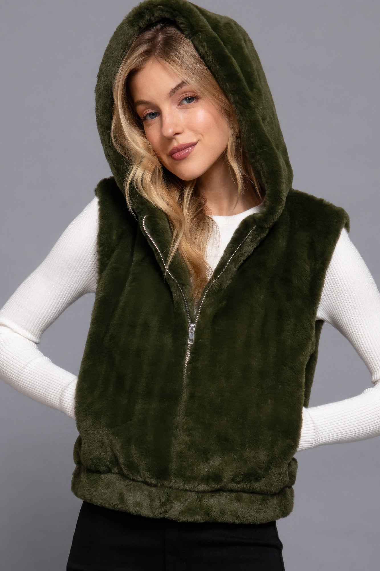 Olivia's Hoodie Faux Fur Vest-[Adult]-[Female]-Olive Green-S-2022 Online Blue Zone Planet