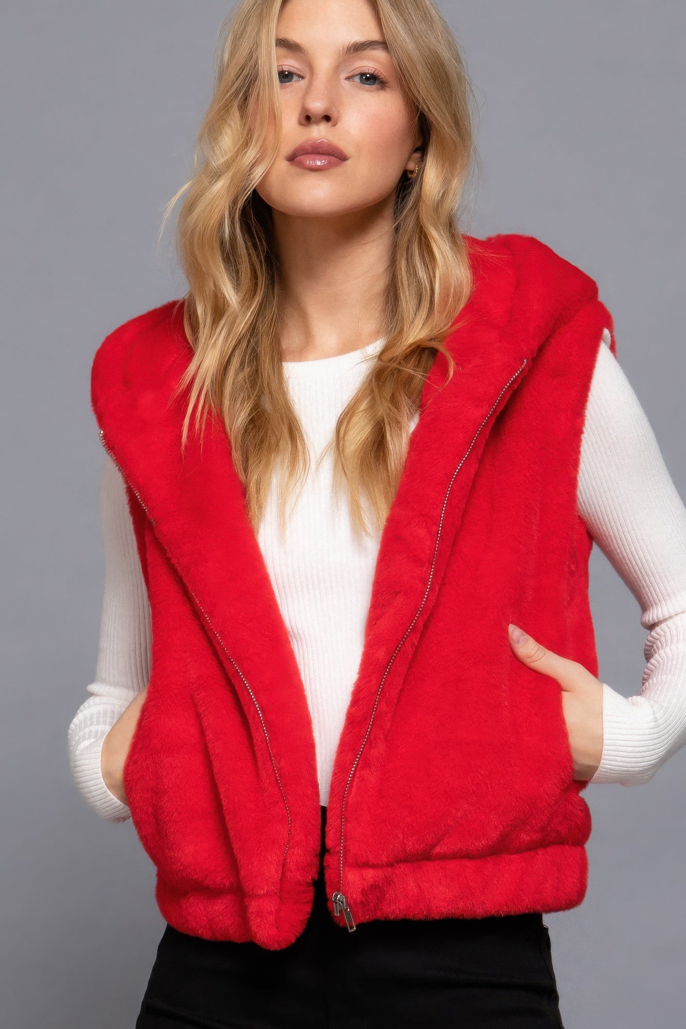 Olivia's Hoodie Faux Fur Vest-[Adult]-[Female]-Red-S-2022 Online Blue Zone Planet