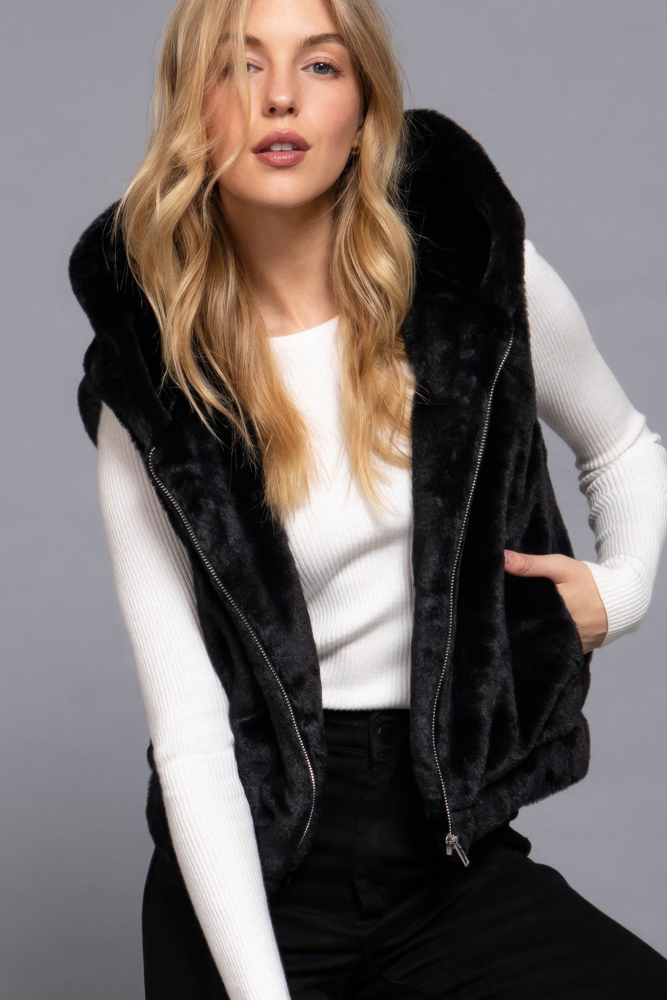 Olivia's Hoodie Faux Fur Vest-[Adult]-[Female]-Black-S-2022 Online Blue Zone Planet