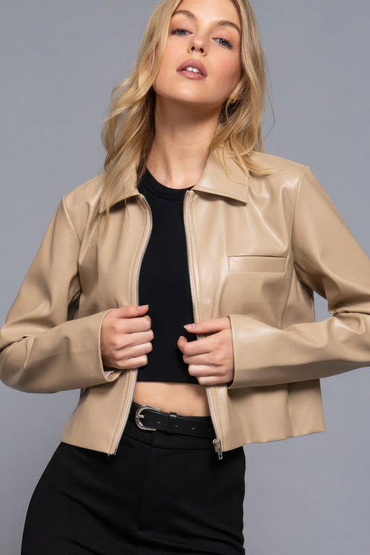 Laura's Long Sleeve Shirt Collar Faux Leather Jacket-[Adult]-[Female]-S-Taupe-2022 Online Blue Zone Planet