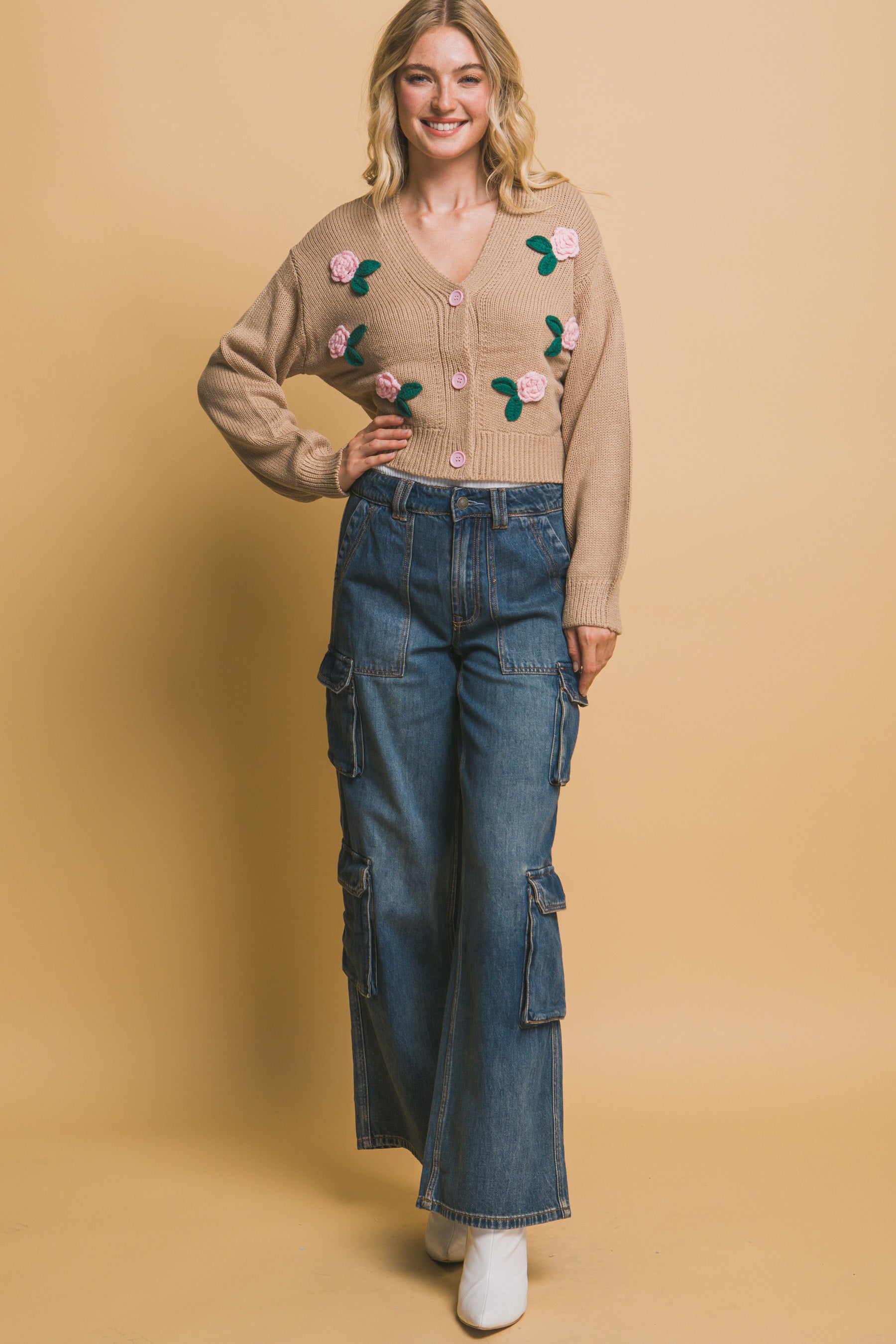 Blue Zone Planet | Mid cropped flower cardigan-[Adult]-[Female]-2022 Online Blue Zone Planet