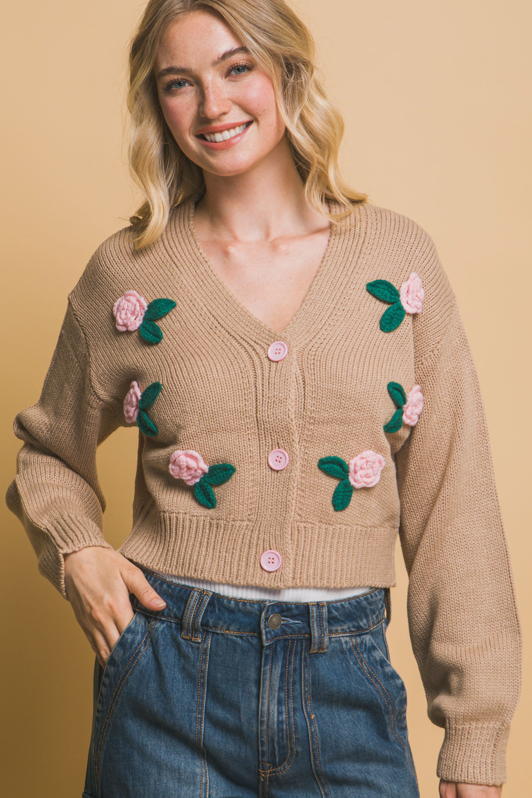 Blue Zone Planet | Mid cropped flower cardigan-[Adult]-[Female]-2022 Online Blue Zone Planet