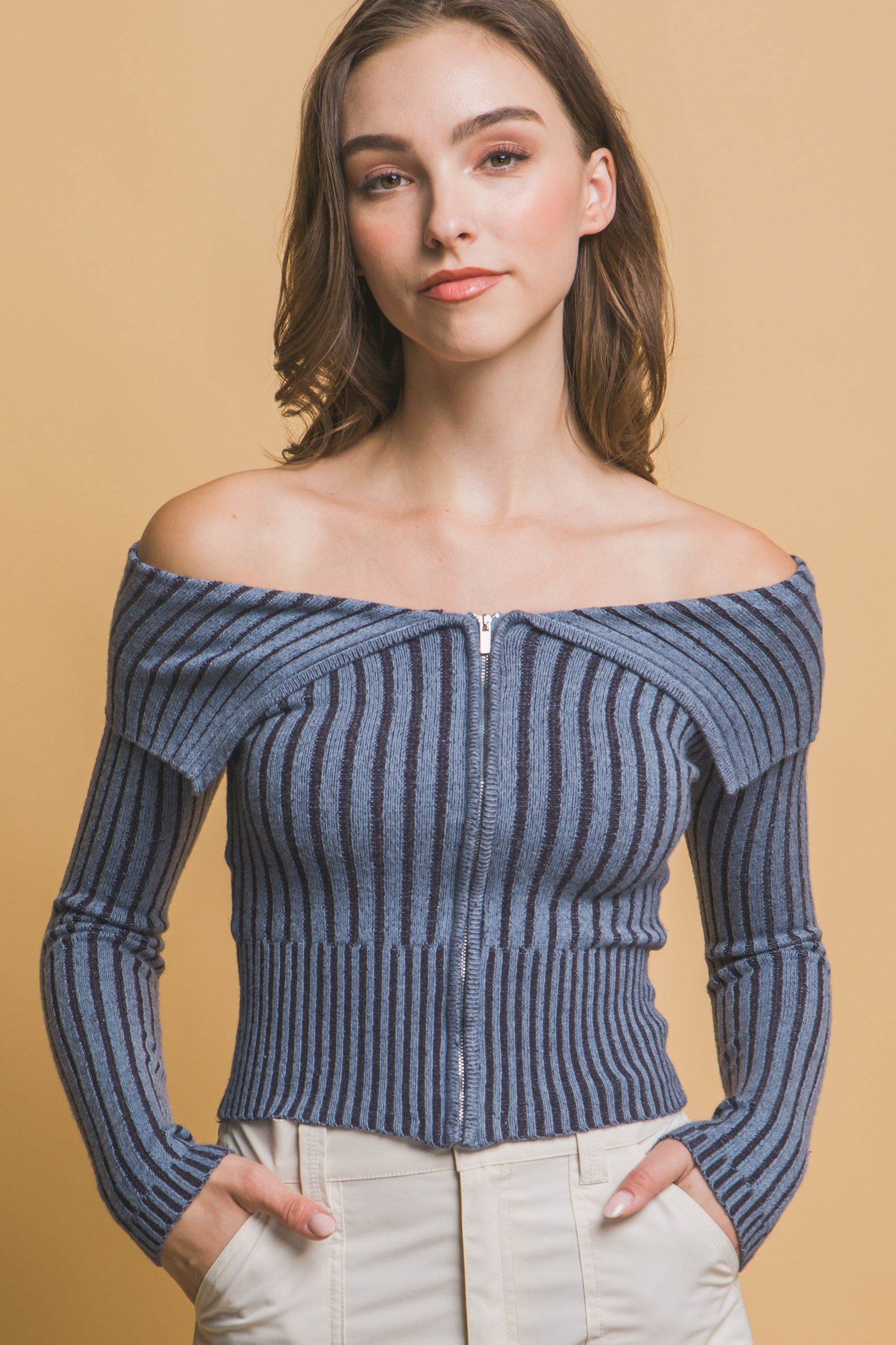 Blue Zone Planet | Ribbed bardot zip up long sleeve-TOPS / DRESSES-[Adult]-[Female]-Blue-S-2022 Online Blue Zone Planet