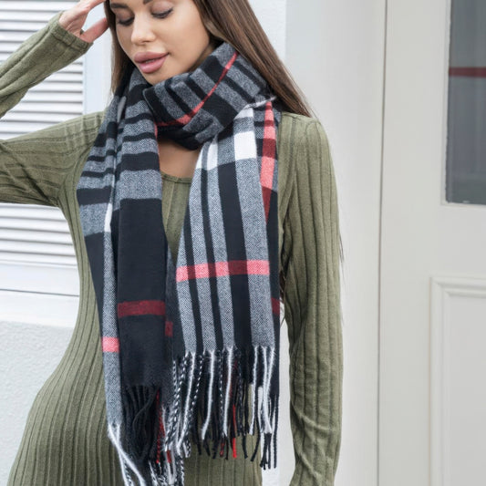 Blue Zone Planet | Plaid blanket scarf with tassel-SCARVES-[Adult]-[Female]-Black-One Size-2022 Online Blue Zone Planet