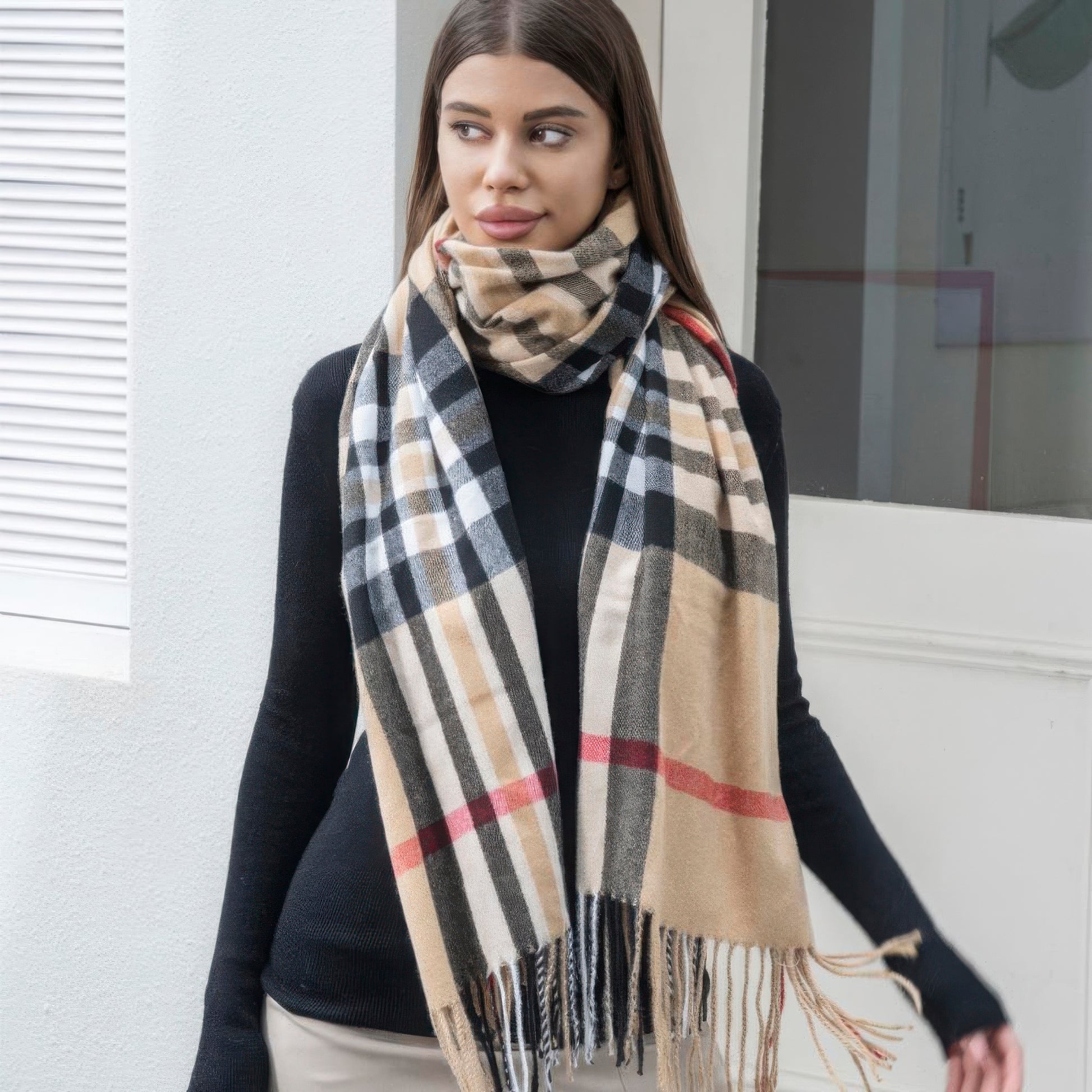 Blue Zone Planet | Plaid blanket scarf with tassel-SCARVES-[Adult]-[Female]-Tan-One Size-2022 Online Blue Zone Planet