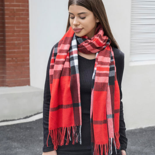 Blue Zone Planet | Plaid blanket scarf with tassel-SCARVES-[Adult]-[Female]-Red-One Size-2022 Online Blue Zone Planet