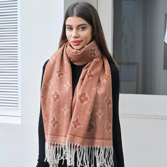 Blue Zone Planet | Flower blanket scarf with tassel-SCARVES-[Adult]-[Female]-Tan-One Size-2022 Online Blue Zone Planet