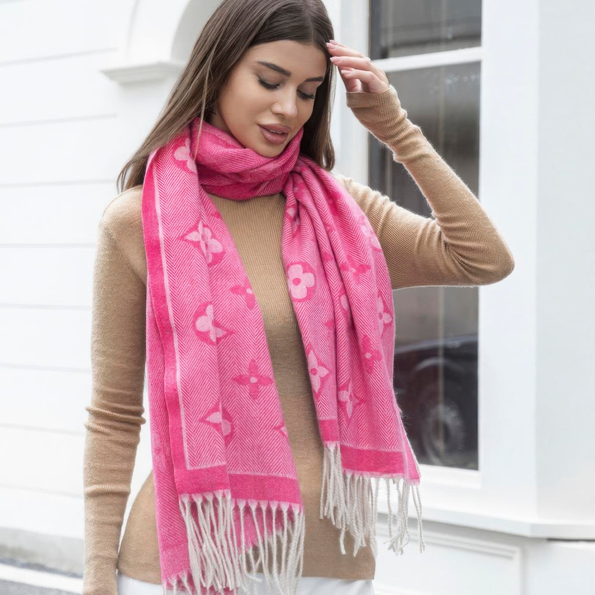 Blue Zone Planet | Flower blanket scarf with tassel-SCARVES-[Adult]-[Female]-Fuchsia-One Size-2022 Online Blue Zone Planet