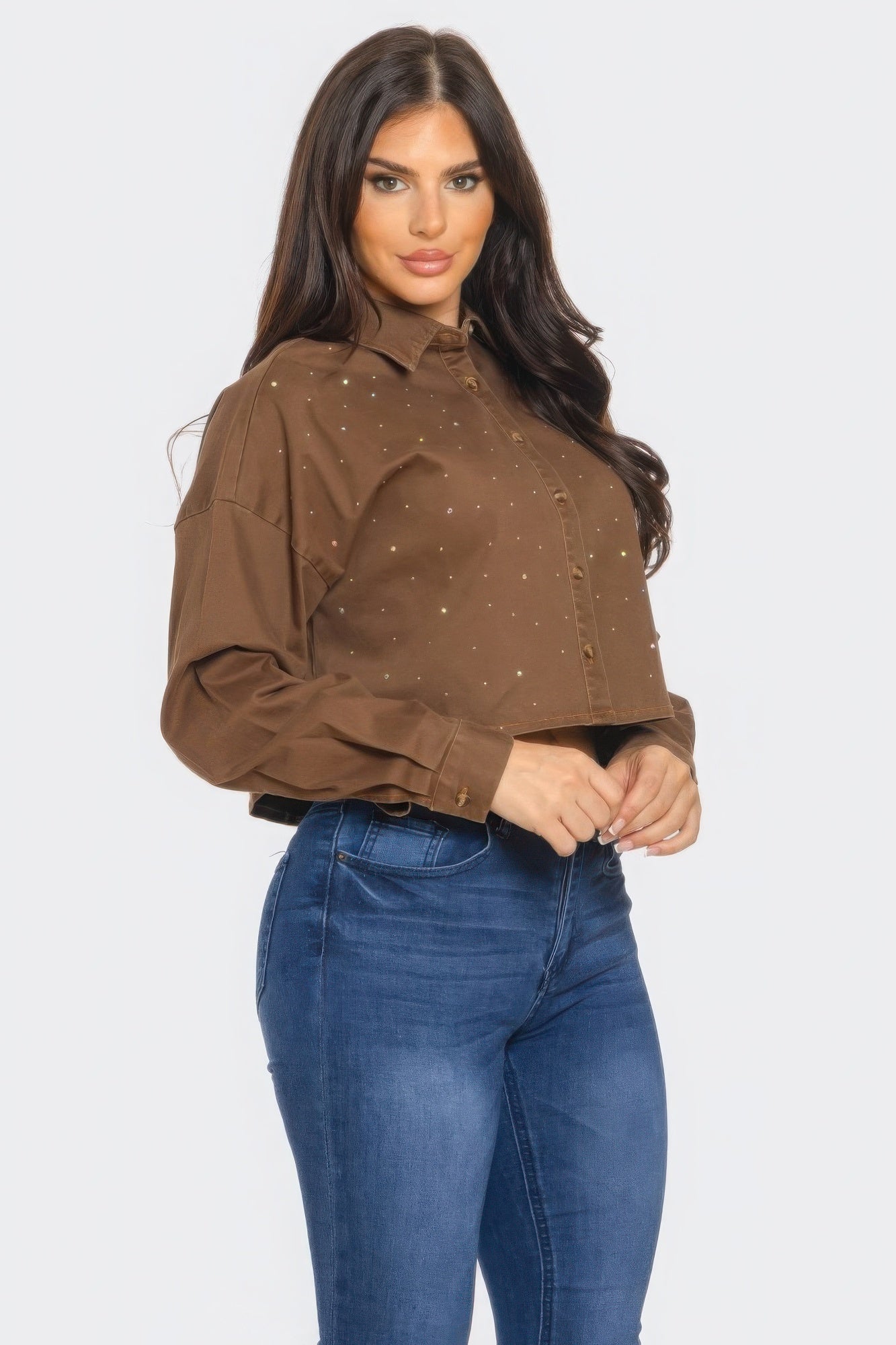 Bling Denim Button Down Shirt-[Adult]-[Female]-2022 Online Blue Zone Planet