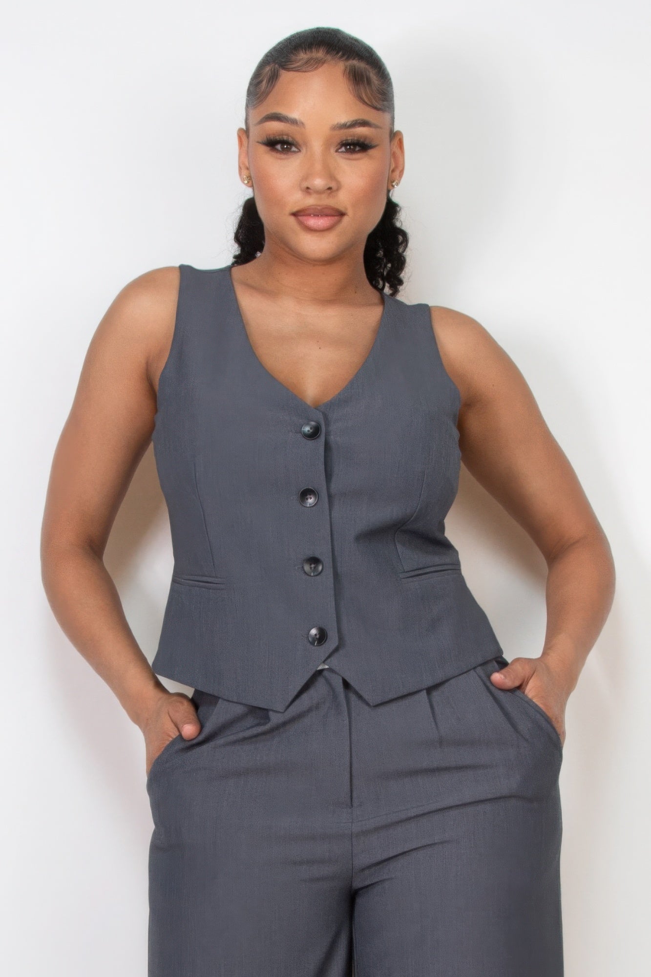 Buttoned Solid V-neck Vest Top-[Adult]-[Female]-2022 Online Blue Zone Planet