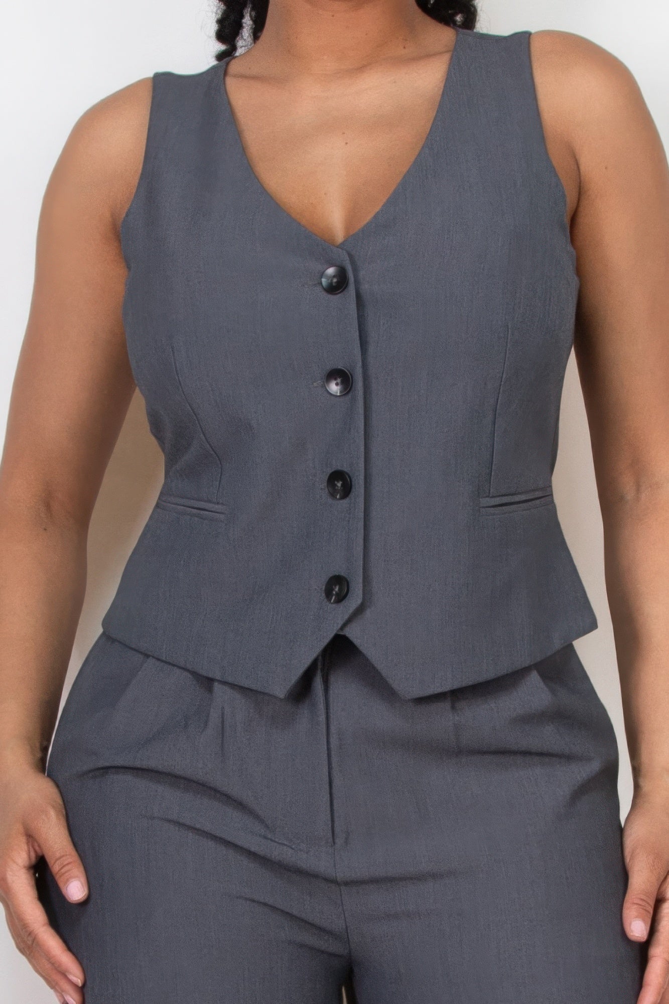 Buttoned Solid V-neck Vest Top-[Adult]-[Female]-2022 Online Blue Zone Planet