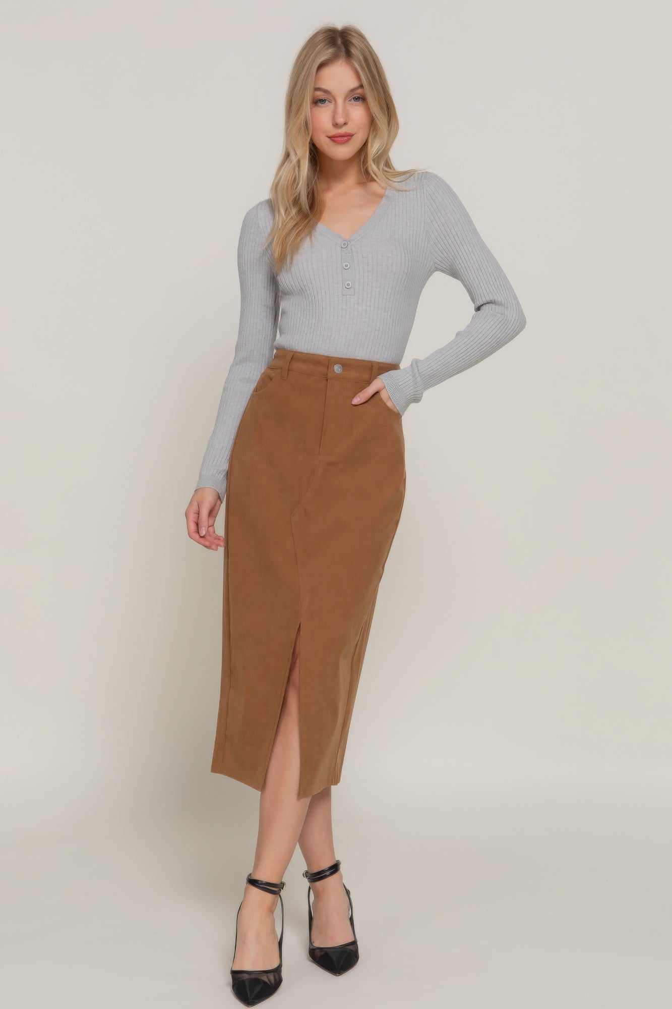 Blue Zone Planet | Front Open Slit Corduroy Midi Skirt-[Adult]-[Female]-2022 Online Blue Zone Planet