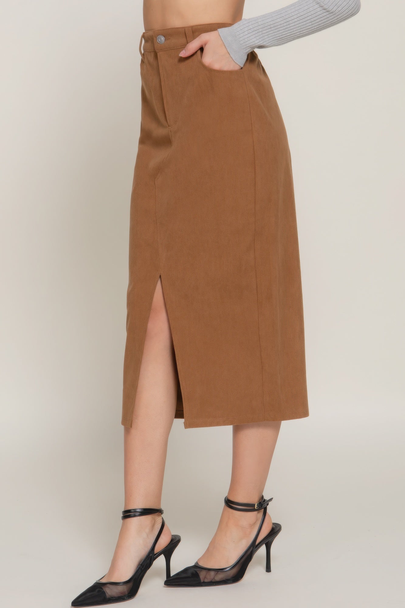 Blue Zone Planet | Front Open Slit Corduroy Midi Skirt-[Adult]-[Female]-2022 Online Blue Zone Planet