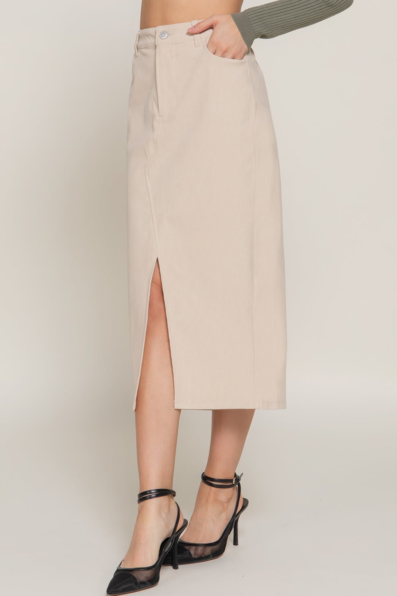 Blue Zone Planet | Front Open Slit Corduroy Midi Skirt-[Adult]-[Female]-2022 Online Blue Zone Planet