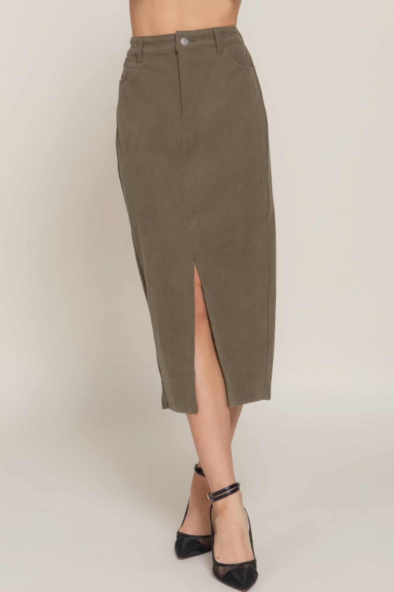 Blue Zone Planet | Front Open Slit Corduroy Midi Skirt-[Adult]-[Female]-2022 Online Blue Zone Planet