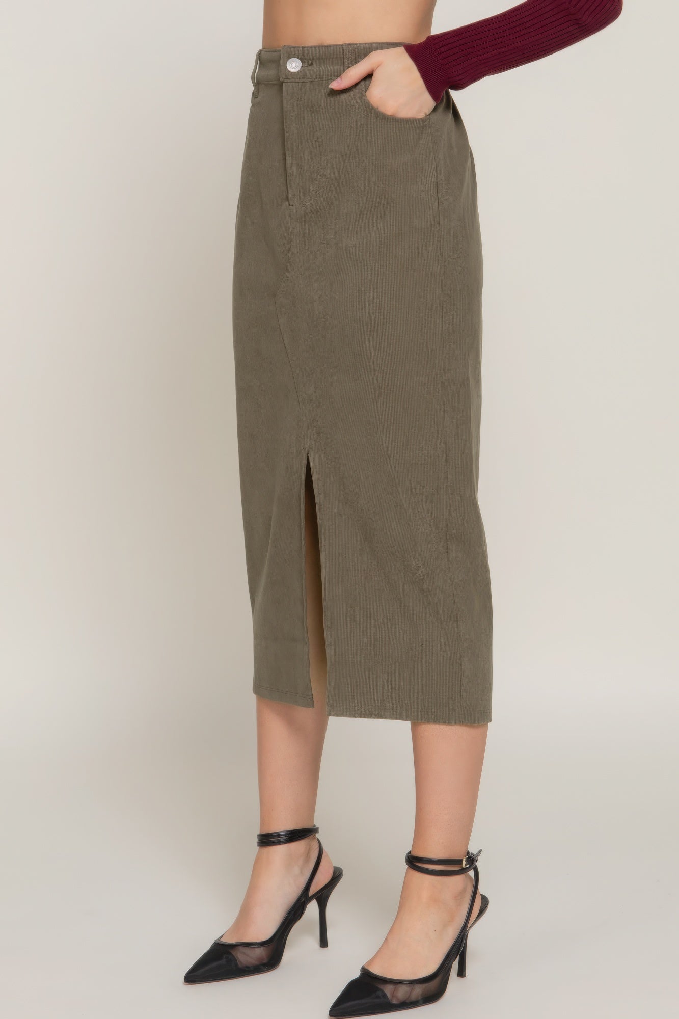 Blue Zone Planet | Front Open Slit Corduroy Midi Skirt-[Adult]-[Female]-2022 Online Blue Zone Planet