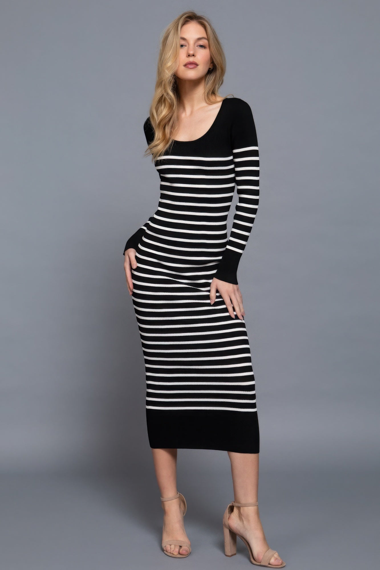 Blue Zone Planet | Long Slv Round Neck Stripe Sweater Long Dress-TOPS / DRESSES-[Adult]-[Female]-2022 Online Blue Zone Planet