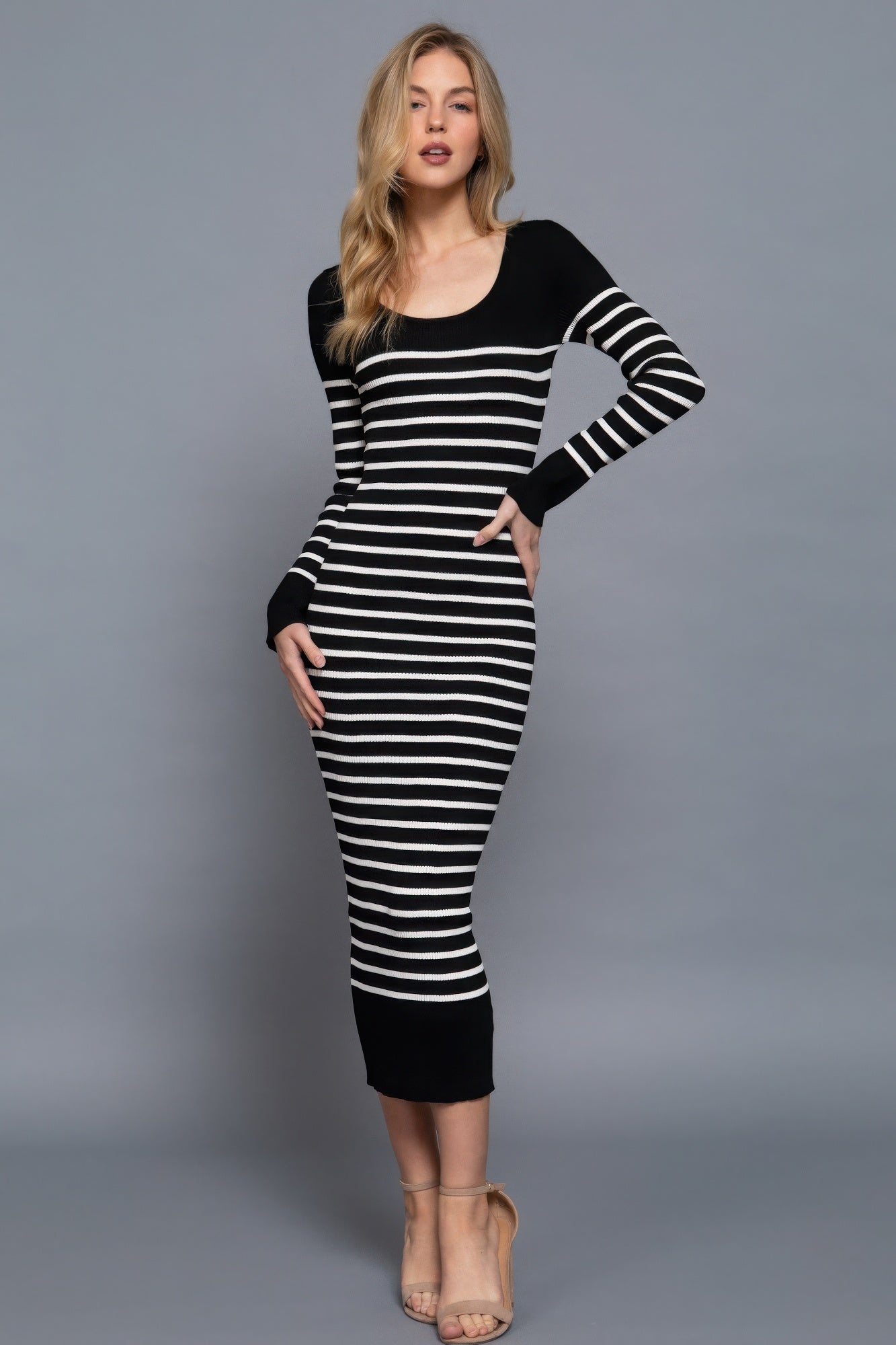 Blue Zone Planet | Long Slv Round Neck Stripe Sweater Long Dress-TOPS / DRESSES-[Adult]-[Female]-2022 Online Blue Zone Planet