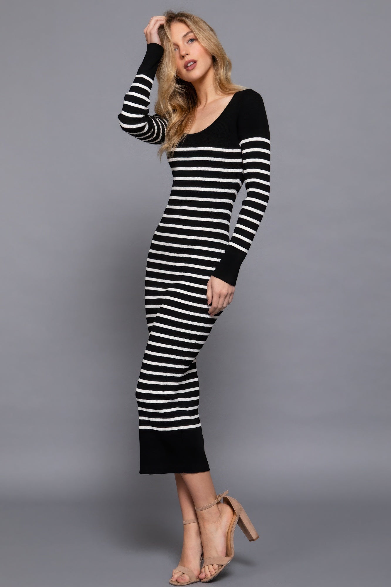 Blue Zone Planet | Long Slv Round Neck Stripe Sweater Long Dress-TOPS / DRESSES-[Adult]-[Female]-2022 Online Blue Zone Planet