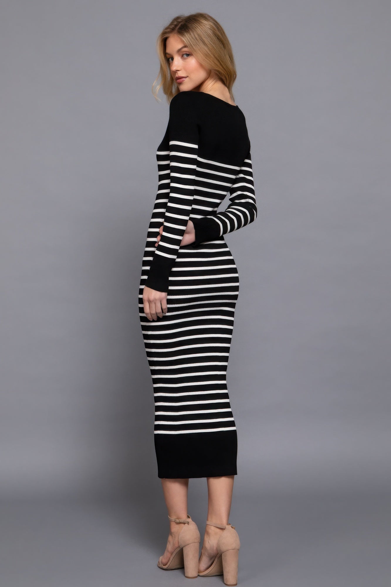 Blue Zone Planet | Long Slv Round Neck Stripe Sweater Long Dress-TOPS / DRESSES-[Adult]-[Female]-2022 Online Blue Zone Planet