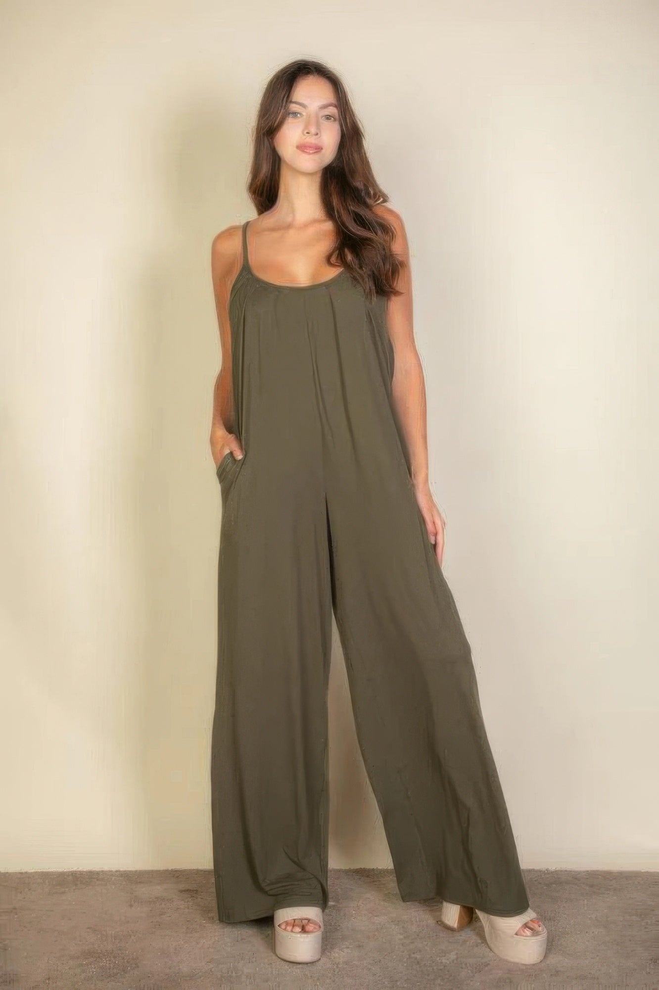 Spaghetti Strap Solid Wide Jumpsuit-TOPS / DRESSES-[Adult]-[Female]-2022 Online Blue Zone Planet