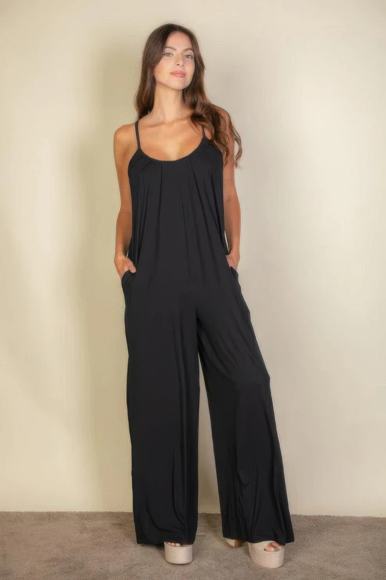 Spaghetti Strap Solid Wide Jumpsuit-TOPS / DRESSES-[Adult]-[Female]-Black-S-2022 Online Blue Zone Planet