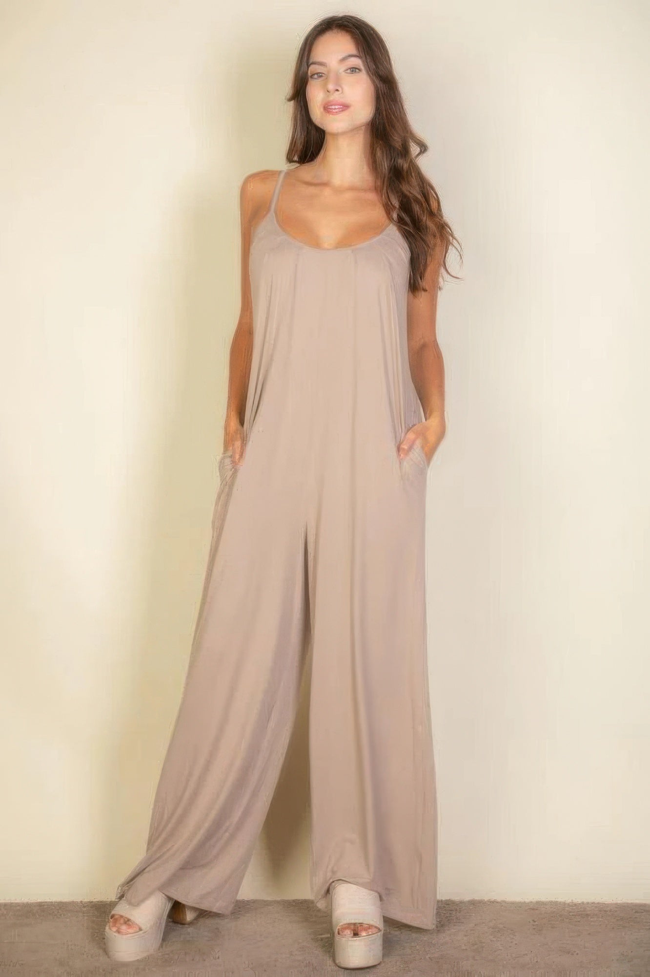 Spaghetti Strap Solid Wide Jumpsuit-TOPS / DRESSES-[Adult]-[Female]-Taupe-S-2022 Online Blue Zone Planet