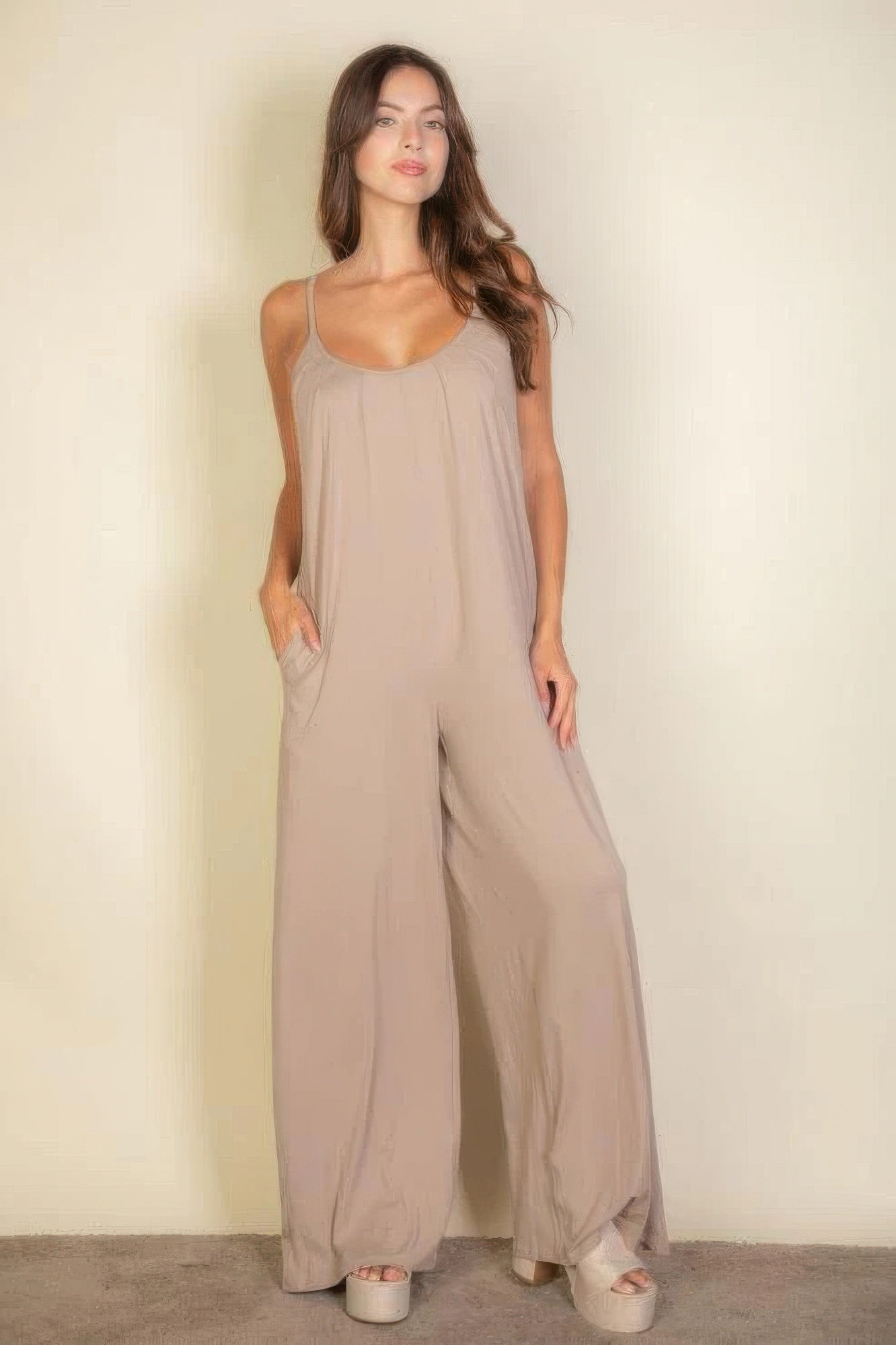 Spaghetti Strap Solid Wide Jumpsuit-TOPS / DRESSES-[Adult]-[Female]-2022 Online Blue Zone Planet