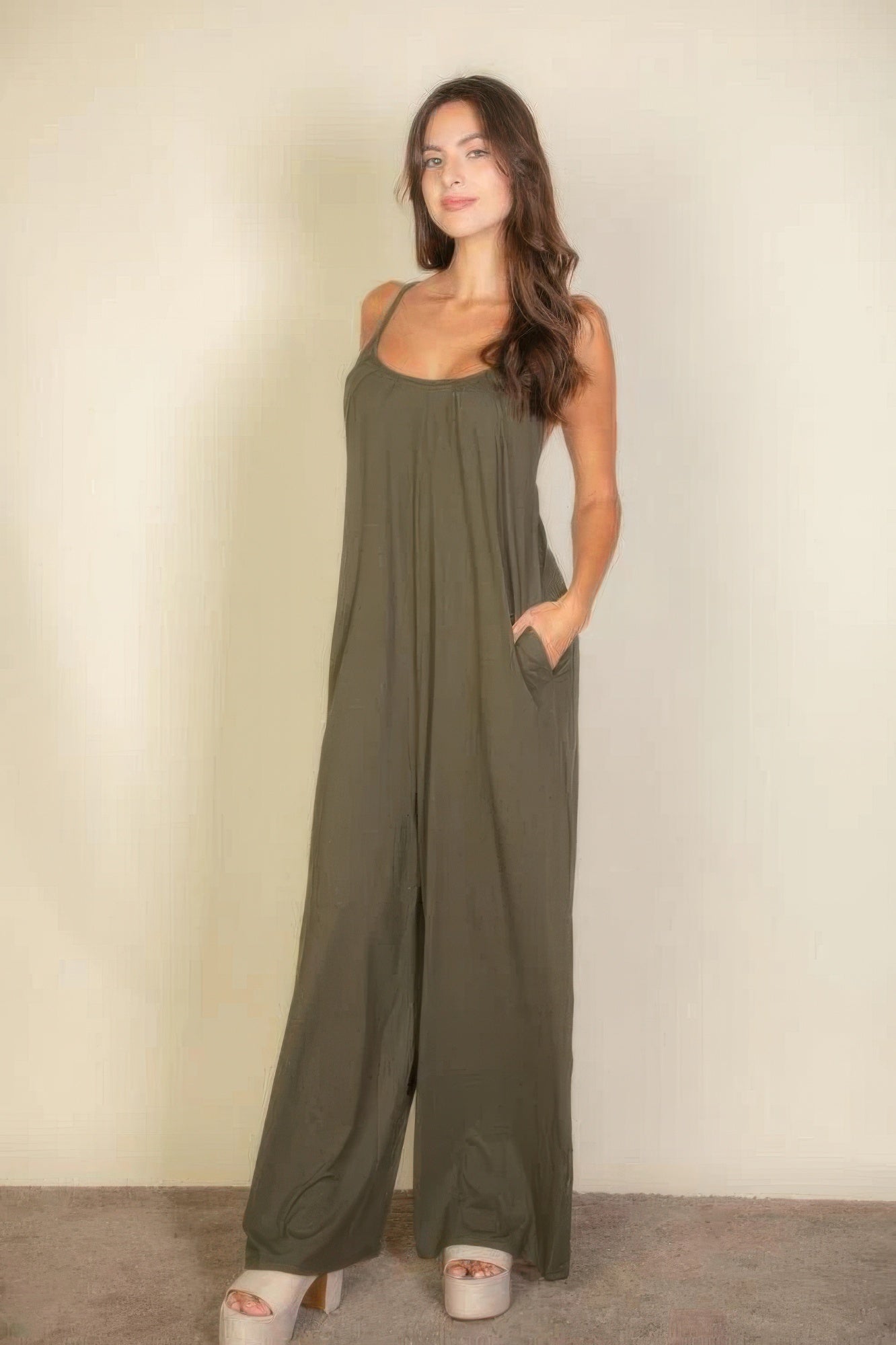 Spaghetti Strap Solid Wide Jumpsuit-TOPS / DRESSES-[Adult]-[Female]-Olive-S-2022 Online Blue Zone Planet