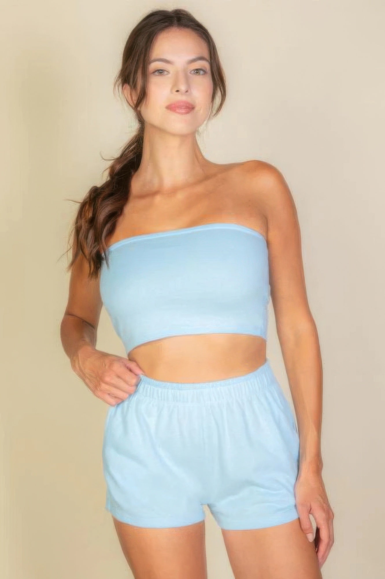 Simple Solid Color Tube Top And Shorts Two Piece Set-[Adult]-[Female]-2022 Online Blue Zone Planet