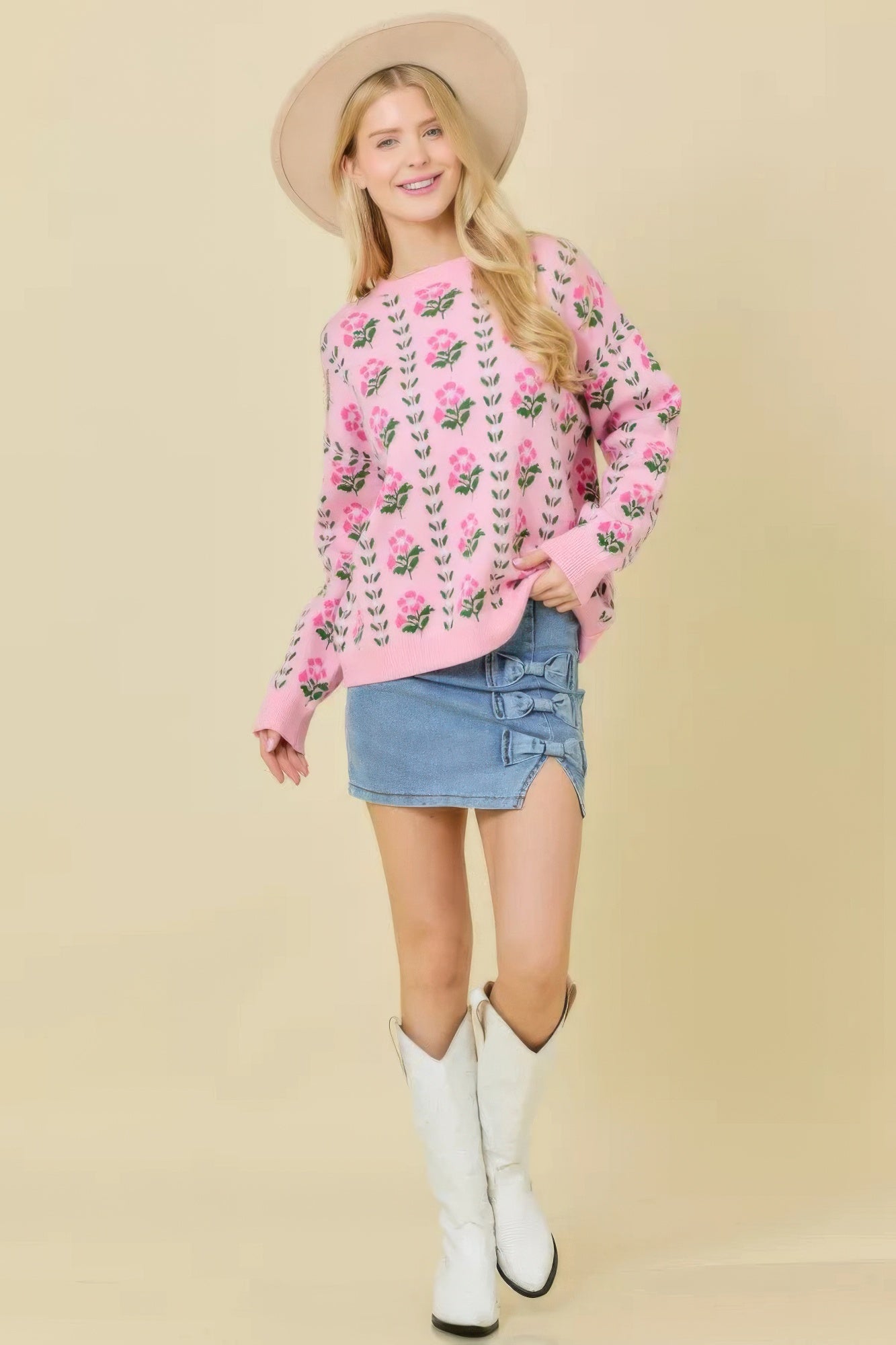 Blue Zone Planet | Floral Border Jacquard Sweater Knit-[Adult]-[Female]-2022 Online Blue Zone Planet