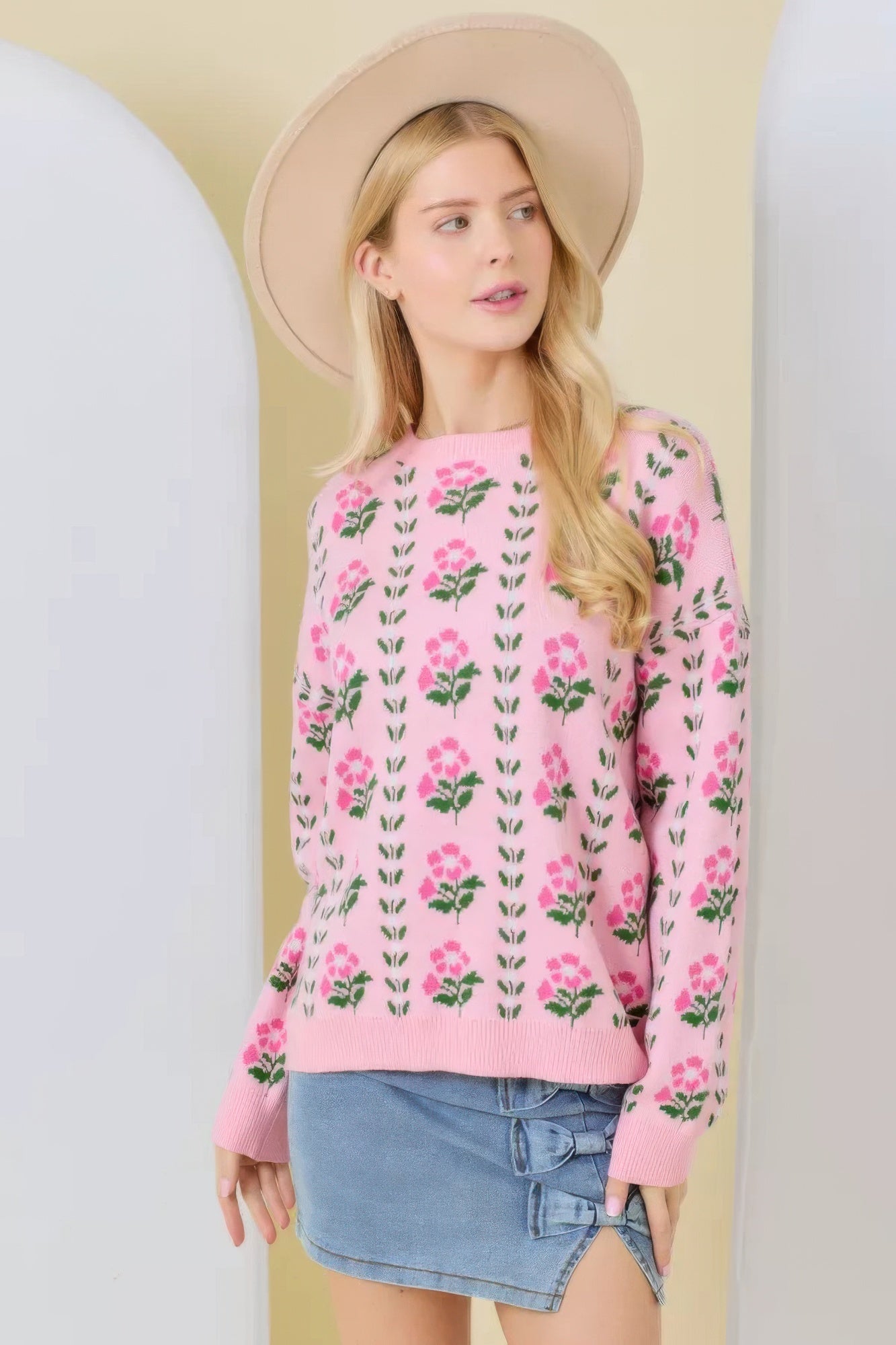 Blue Zone Planet | Floral Border Jacquard Sweater Knit-[Adult]-[Female]-S-2022 Online Blue Zone Planet